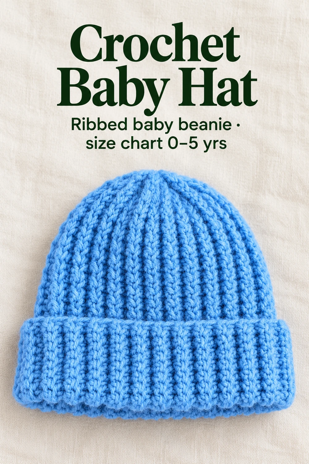 Bright blue crochet baby hat with pixel-textured ribs, a folded cuff and gathered crown