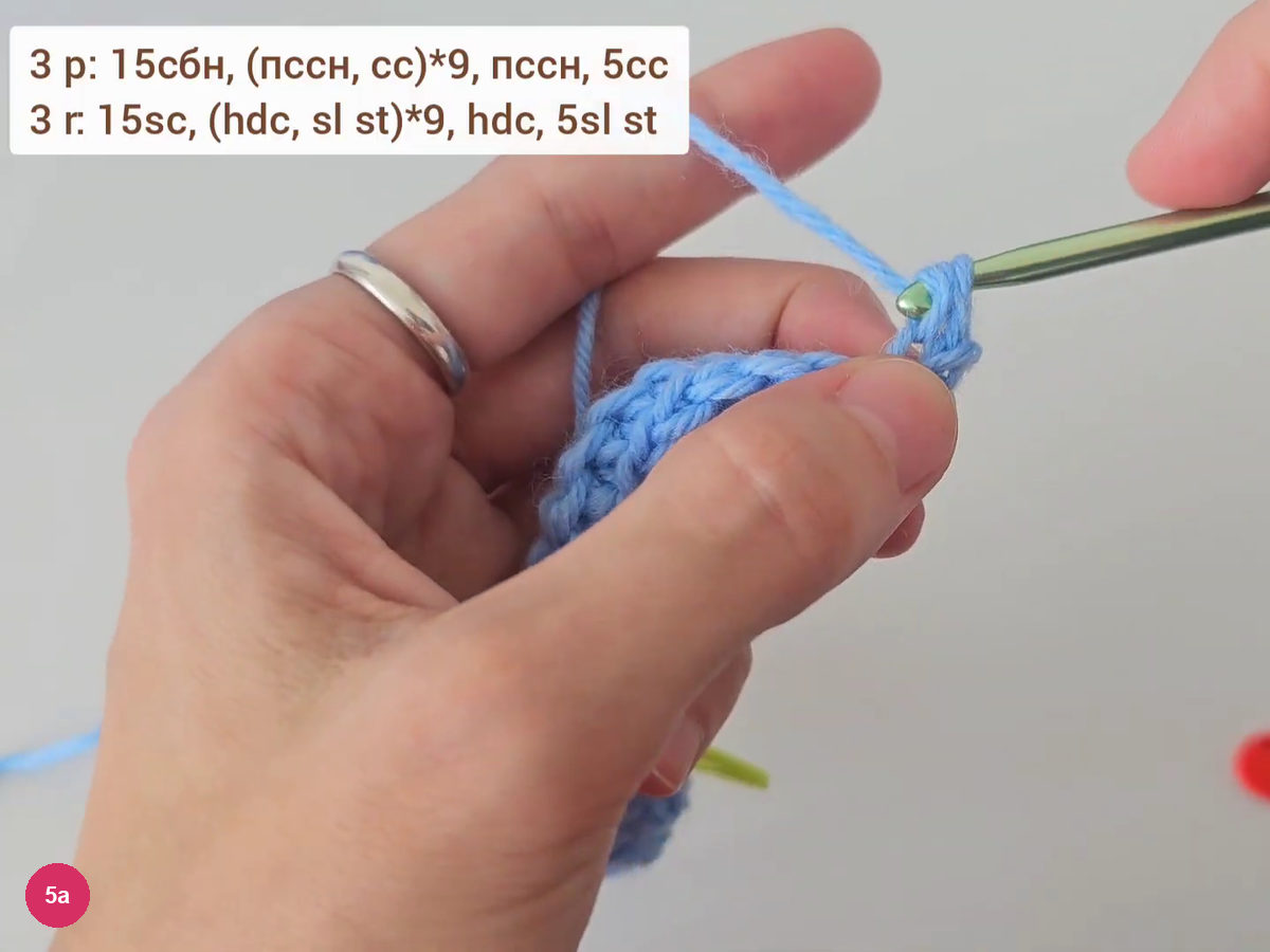 Hook working the first single crochet stitches of a new row with the row 3 formula on screen