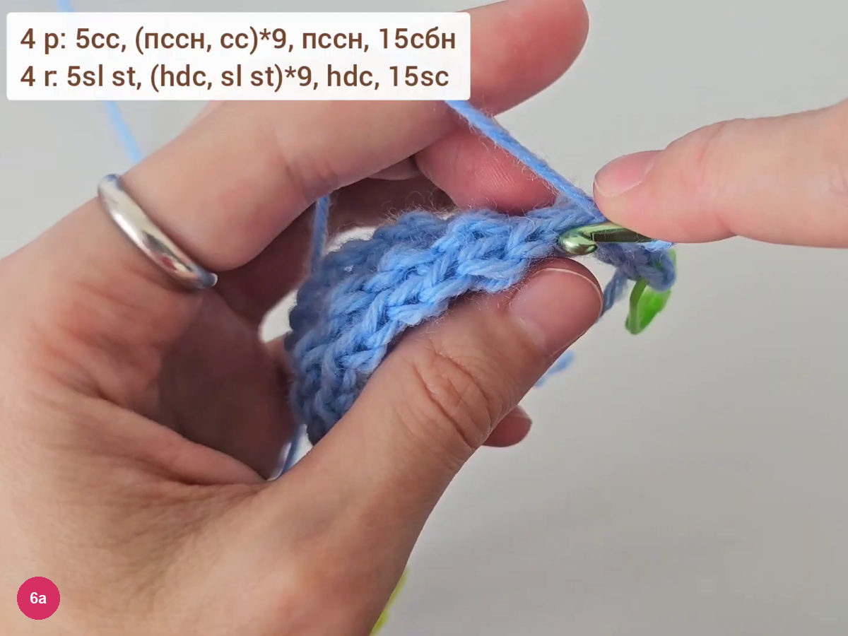 Hook working into a ribbed blue strip with a green marker and the row 4 formula on screen