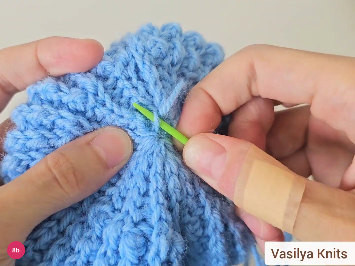 Closed star-shaped crown of the blue hat with the green needle at its centre