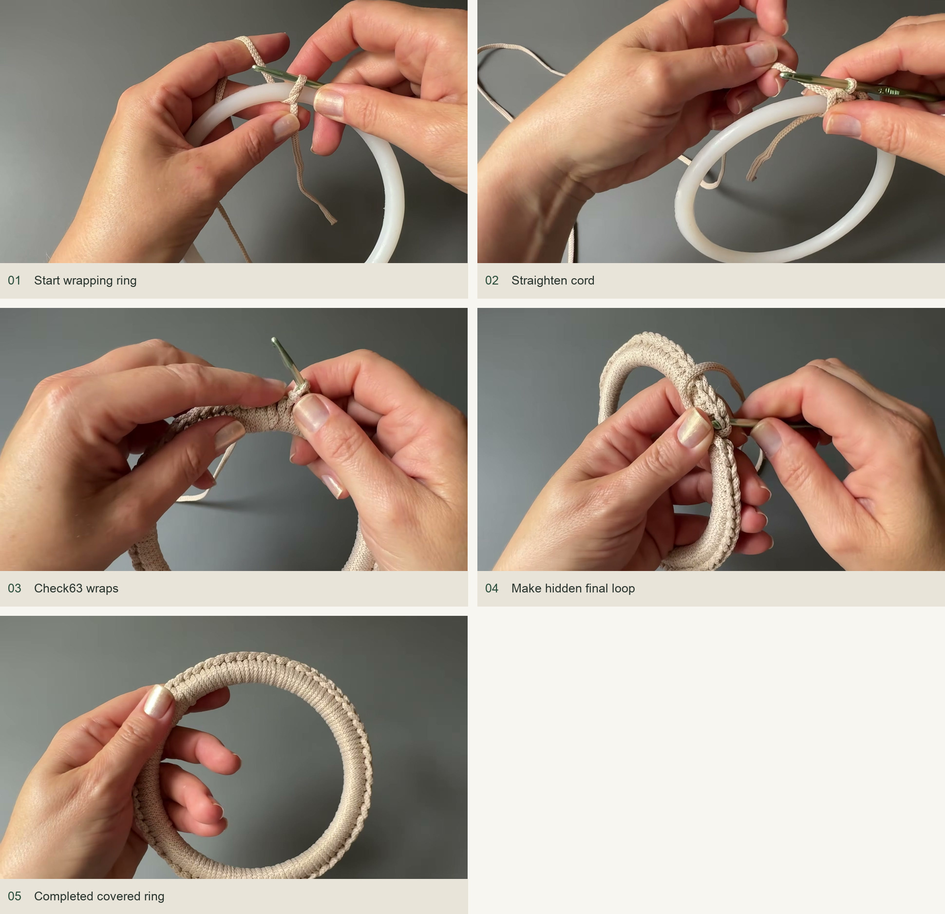 Cover both handles: Start wrapping ring; Straighten cord; Check63 wraps; Make hidden final loop; Prepare matching rings