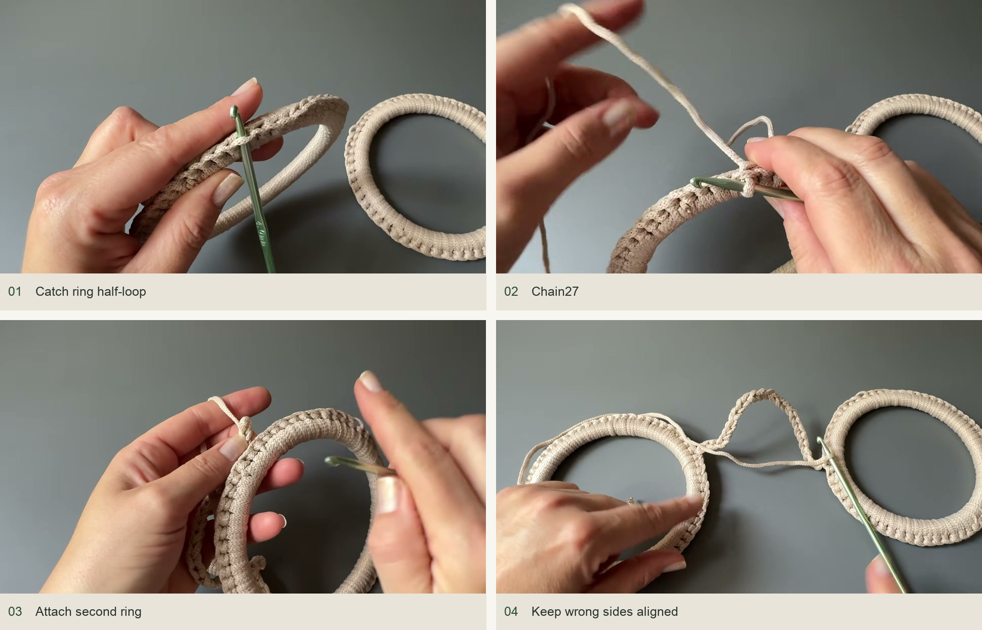 Connect the handles: Catch ring half-loop; Chain27; Attach second ring; Keep wrong sides aligned