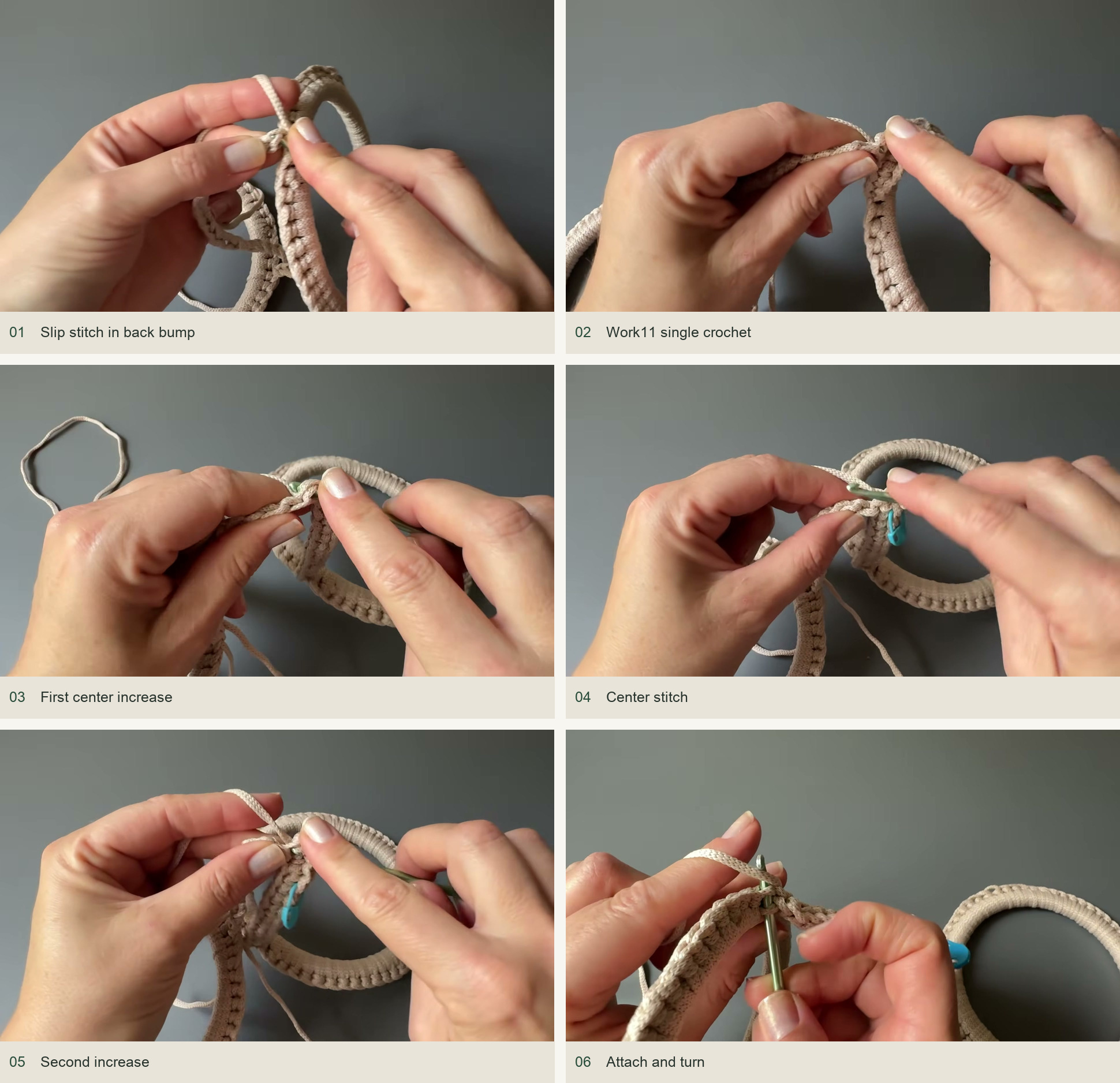 Work the foundation shaping: Slip stitch in back bump; Work11 single crochet; First center increase; Center stitch; Second increase; Attach and turn