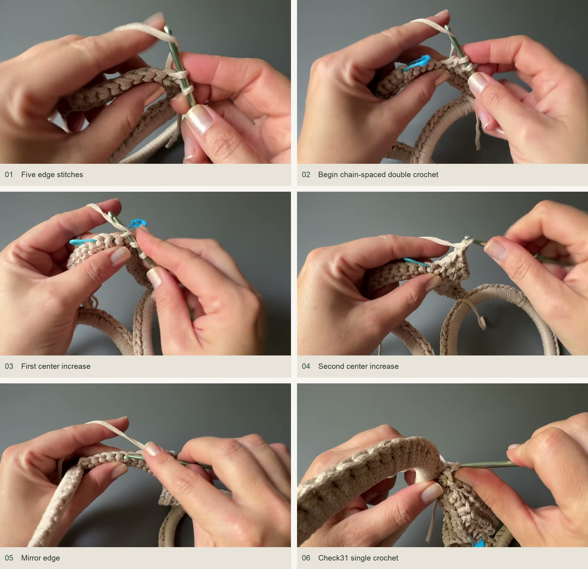 Begin the openwork: Five edge stitches; Begin chain-spaced double crochet; First center increase; Second center increase; Mirror edge; Check31 single crochet