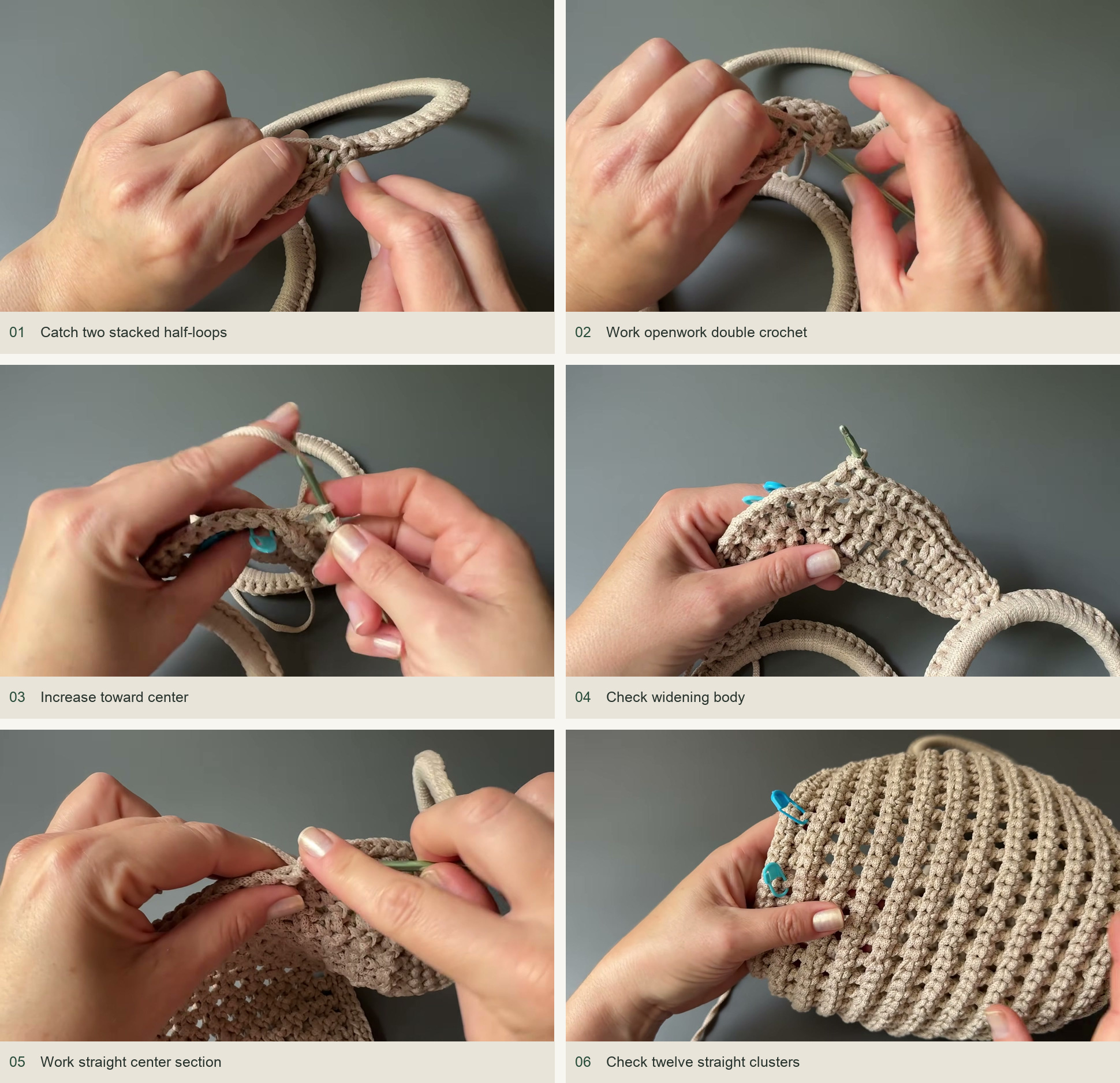 Repeat the body construction: Catch two stacked half-loops; Work openwork double crochet; Increase toward center; Check widening body; Work straight center section; Check twelve straight clusters
