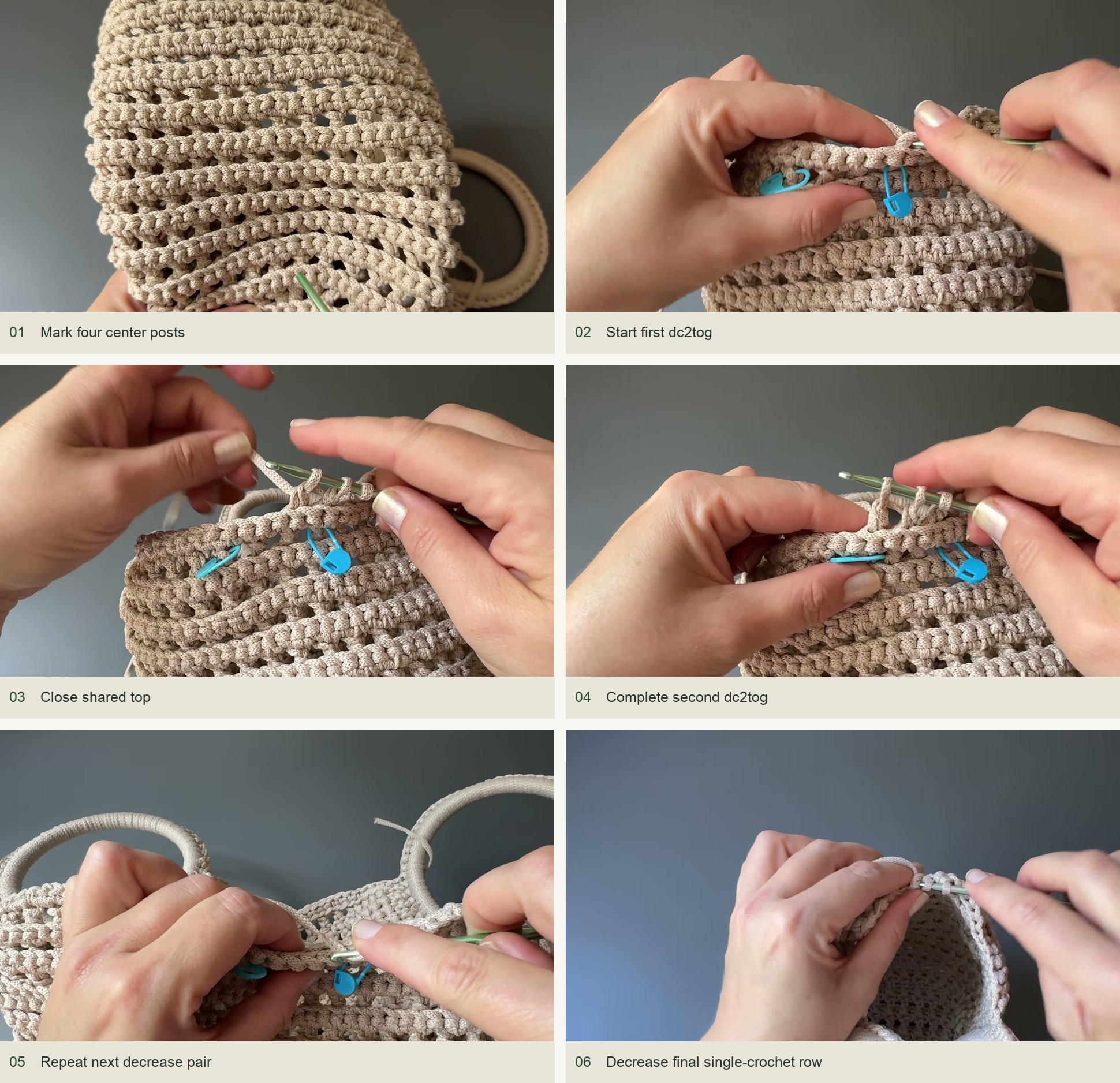 Narrow toward the other side: Mark four center posts; Start first dc2tog; Close shared top; Complete second dc2tog; Repeat next decrease pair; Decrease final single-crochet row