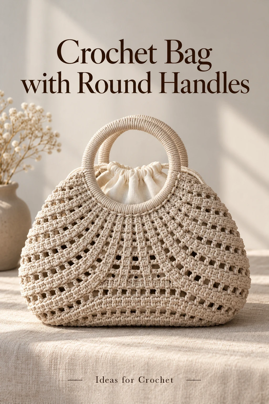 Beige ribbed crochet handbag with two round covered handles and a cream fabric insert