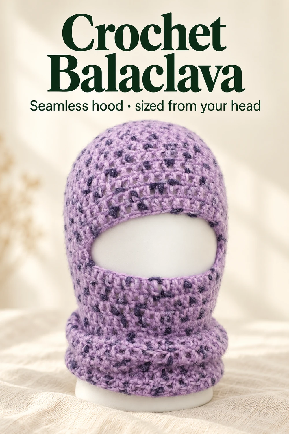 Crochet balaclava hood with an eye opening and neck section in lilac alpaca-blend yarn