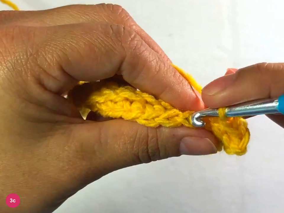 Hook working single crochet along the third row with the strip folded over the left hand