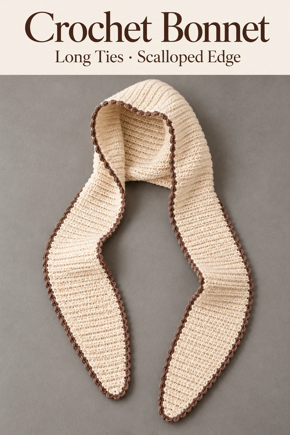 Crochet bonnet with long cream ties and a brown scalloped edge