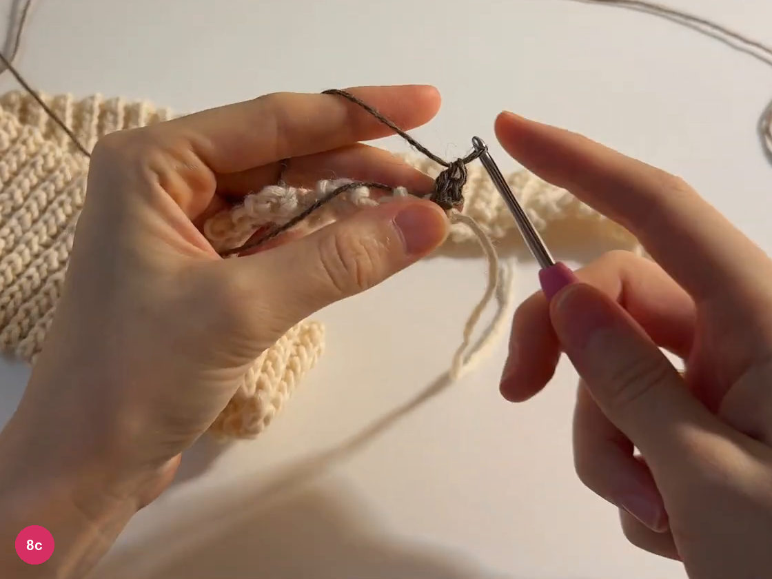 Brown stitch raised on the small hook along the cream edge