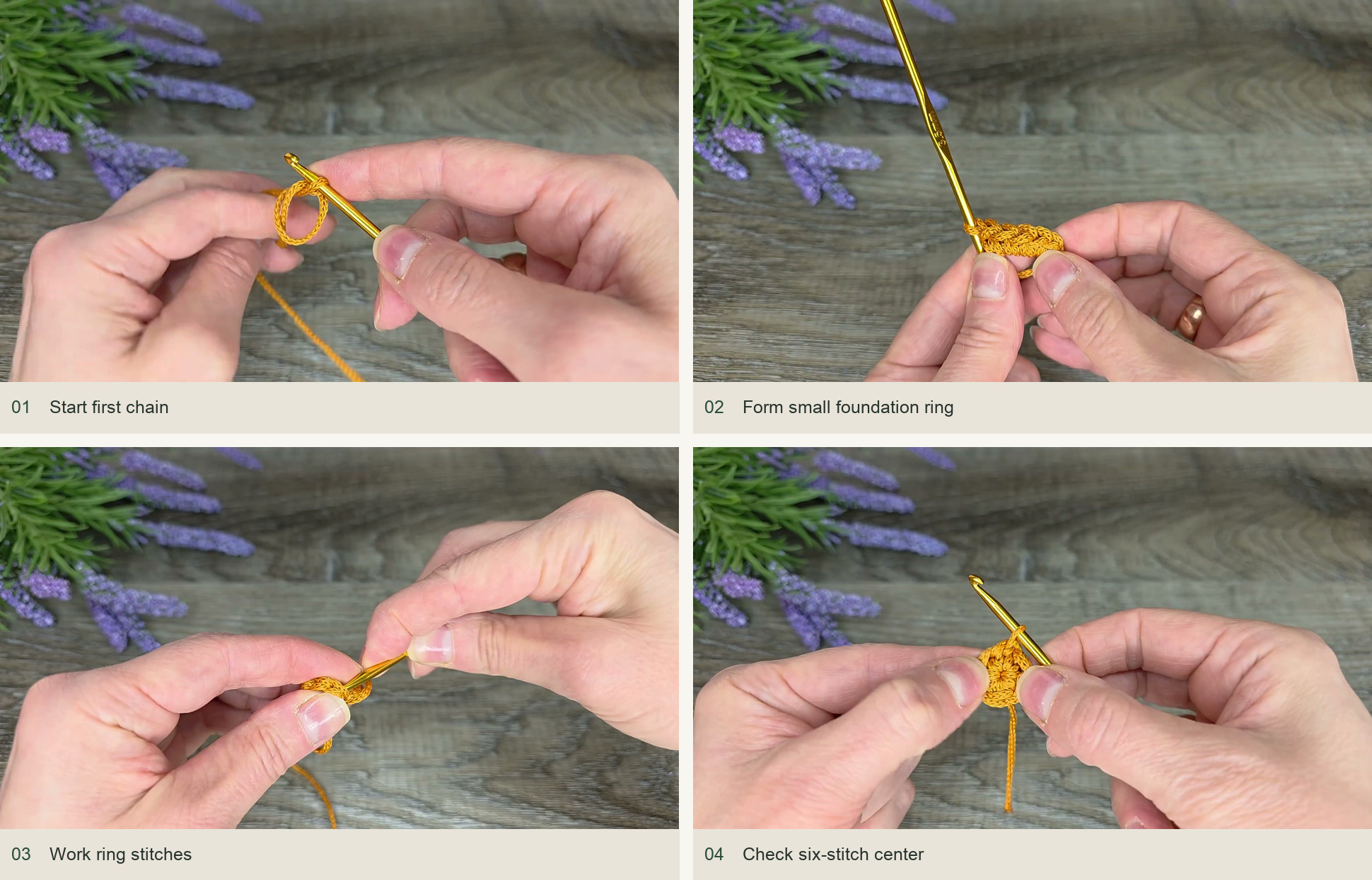 Start the six-stitch body center: Start first chain; Form small foundation ring; Work ring stitches; Check six-stitch center