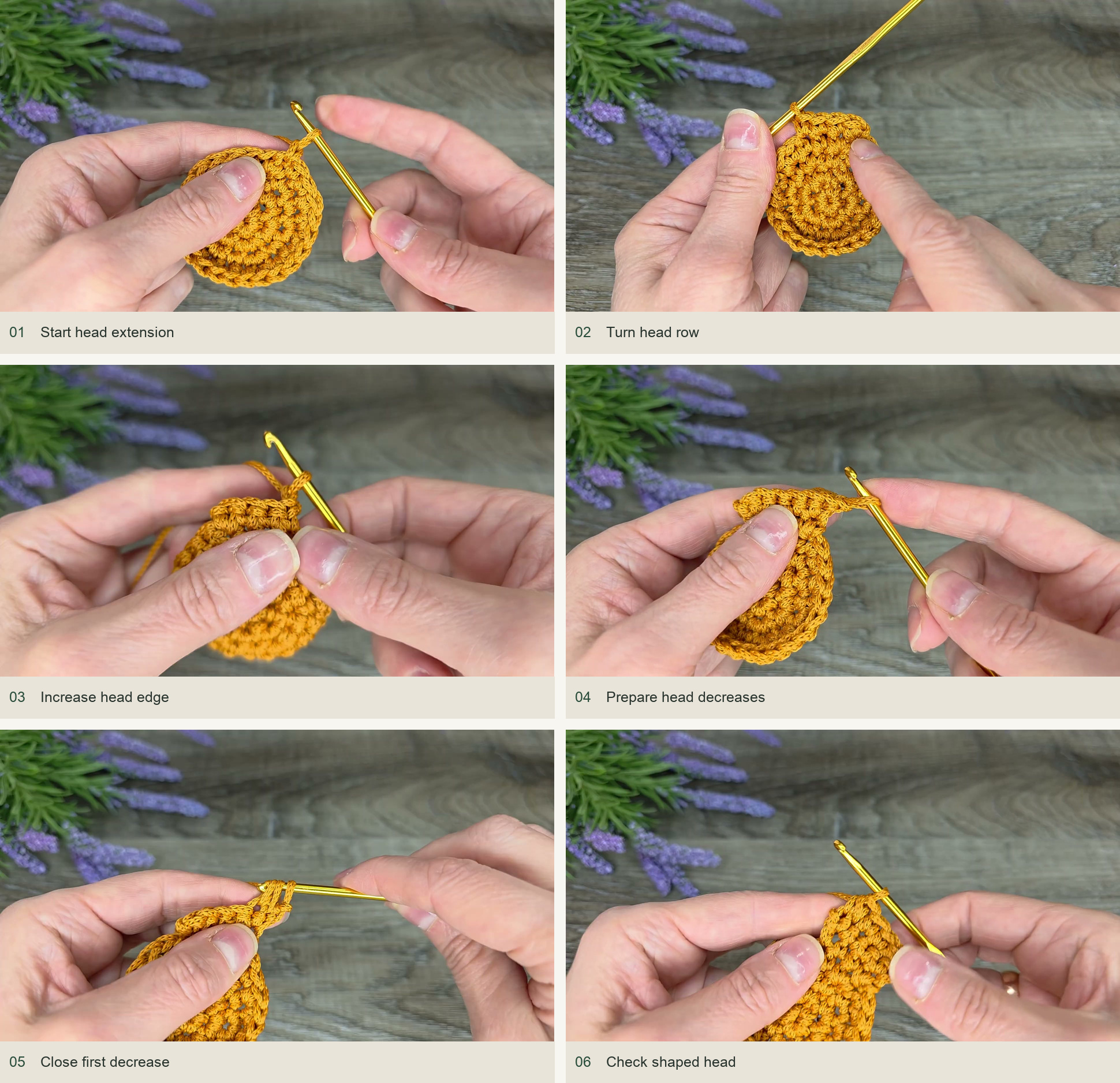 Shape the small head: Start head extension; Turn head row; Increase head edge; Prepare head decreases; Close first decrease; Check shaped head