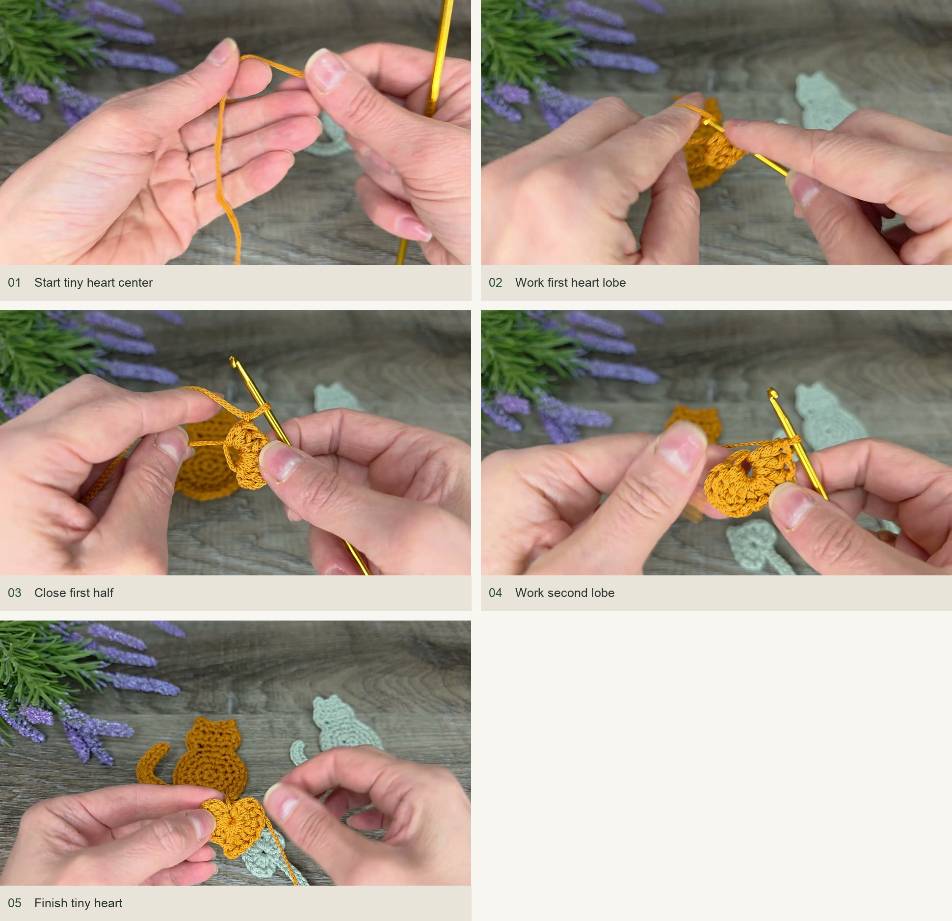 Crochet the tiny heart: Start tiny heart center; Work first heart lobe; Close first half; Work second lobe; Finish tiny heart