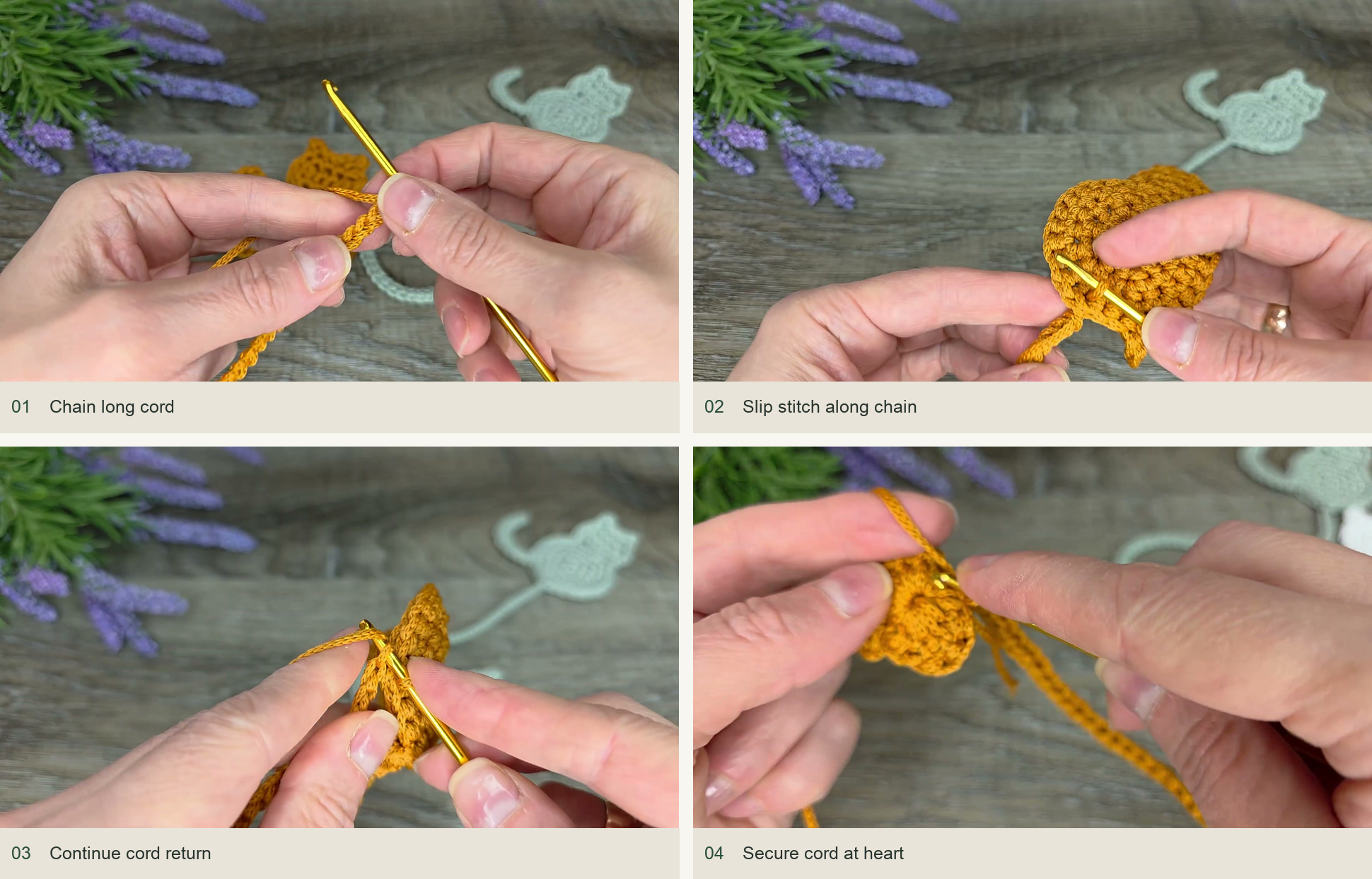 Make and attach the long cord: Chain long cord; Slip stitch along chain; Continue cord return; Secure cord at heart
