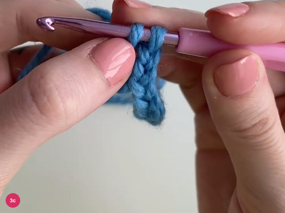 Purple hook held through blue loops above the first stitch column