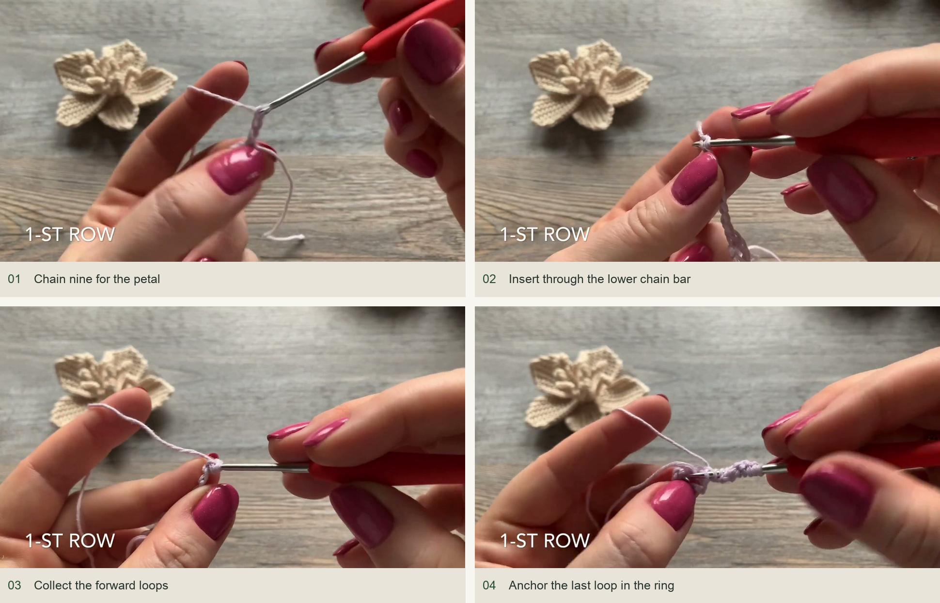 Chain nine for the petal; Insert through the lower chain bar; Collect the forward loops; Anchor the last loop in the ring