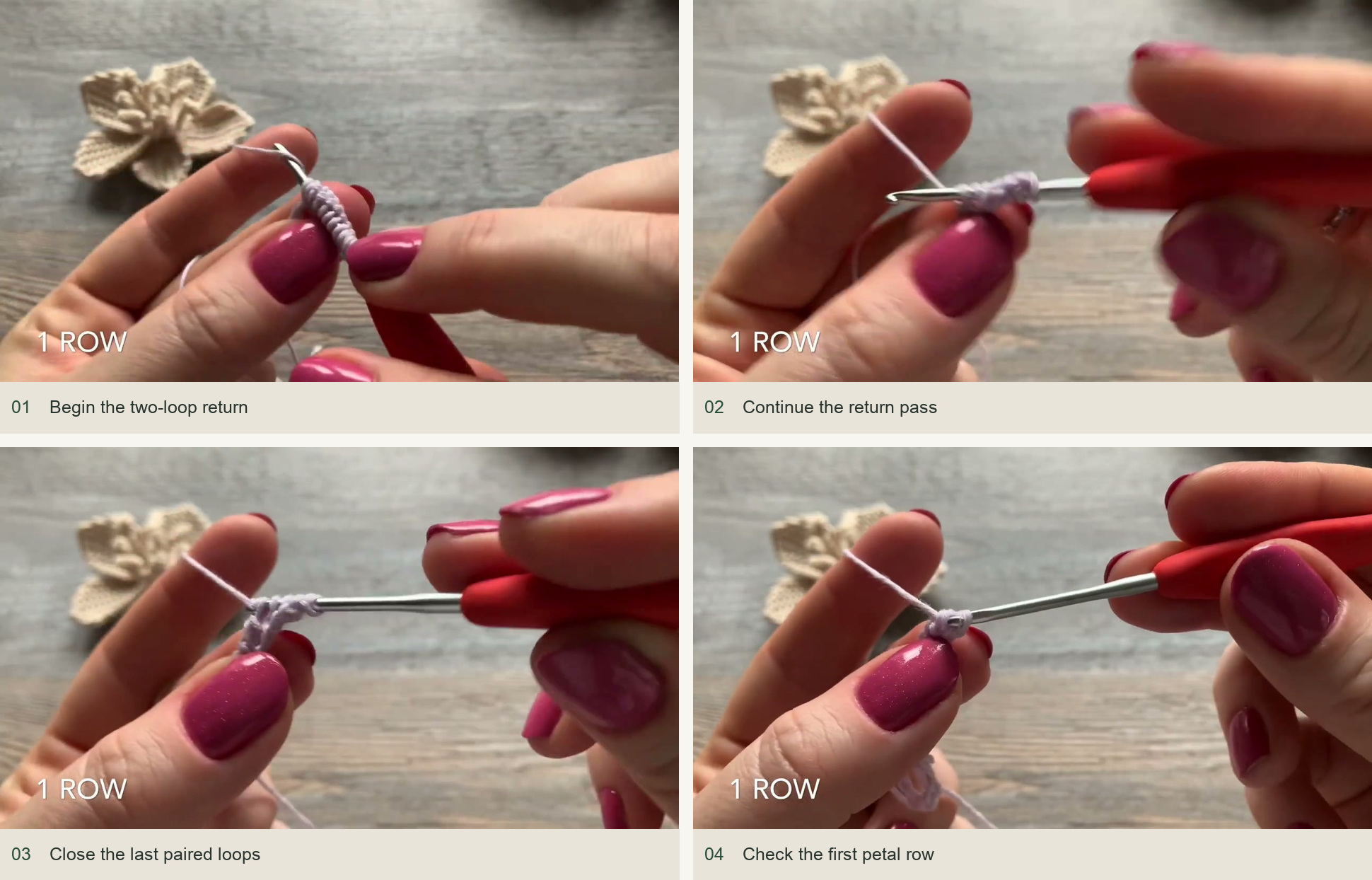 Begin the two-loop return; Continue the return pass; Close the last paired loops; Check the first petal row