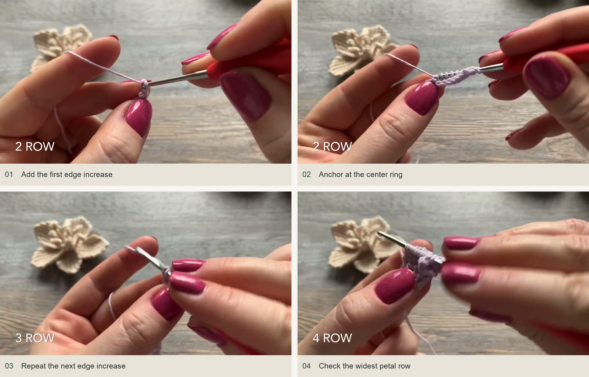Add the first edge increase; Anchor at the center ring; Repeat the next edge increase; Check the widest petal row