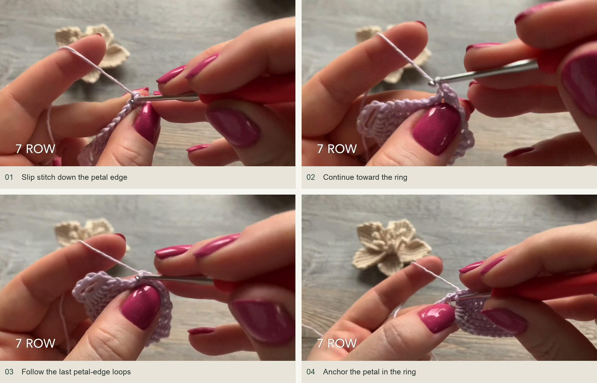 Slip stitch down the petal edge; Continue toward the ring; Follow the last petal-edge loops; Anchor the petal in the ring
