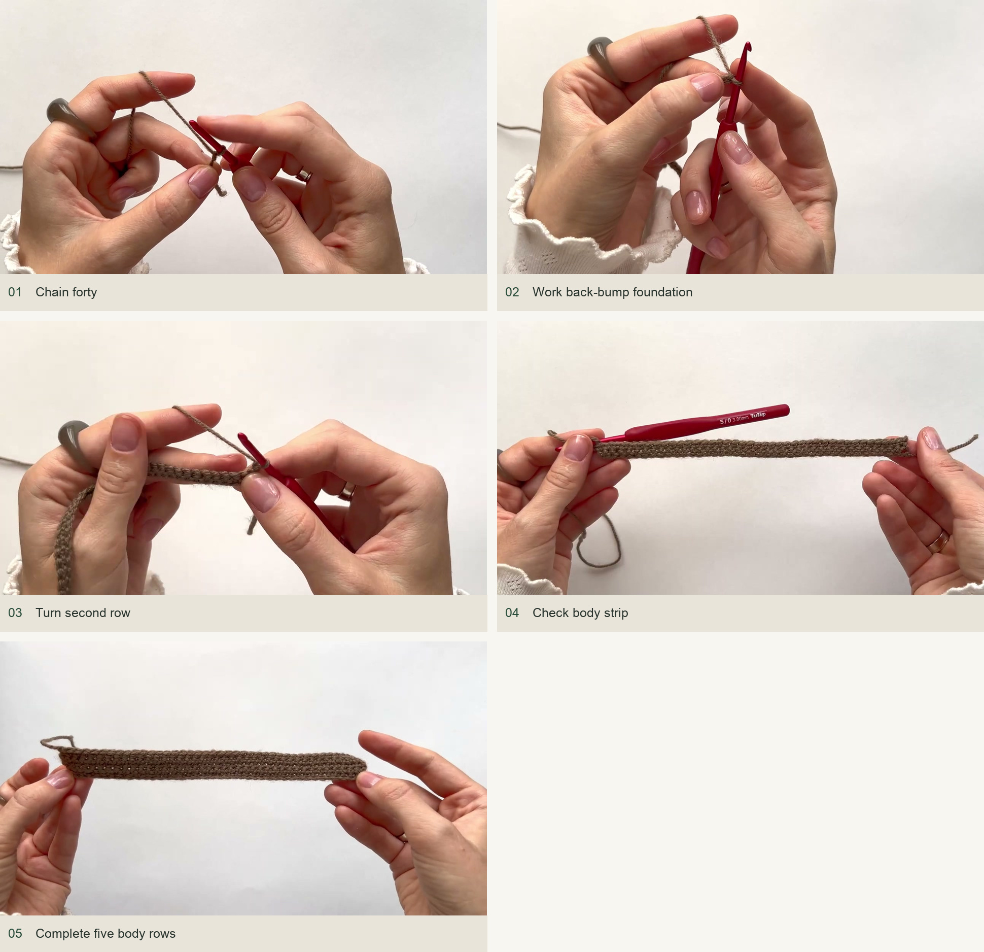 Make the long body strip: Chain forty; Work back-bump foundation; Turn second row; Check body strip; Complete five body rows