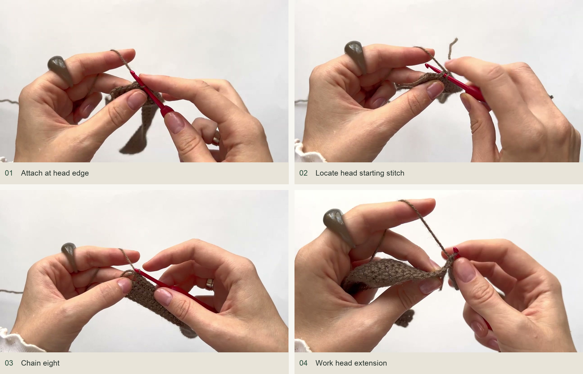 Establish the head extension: Attach at head edge; Locate head starting stitch; Chain eight; Work head extension