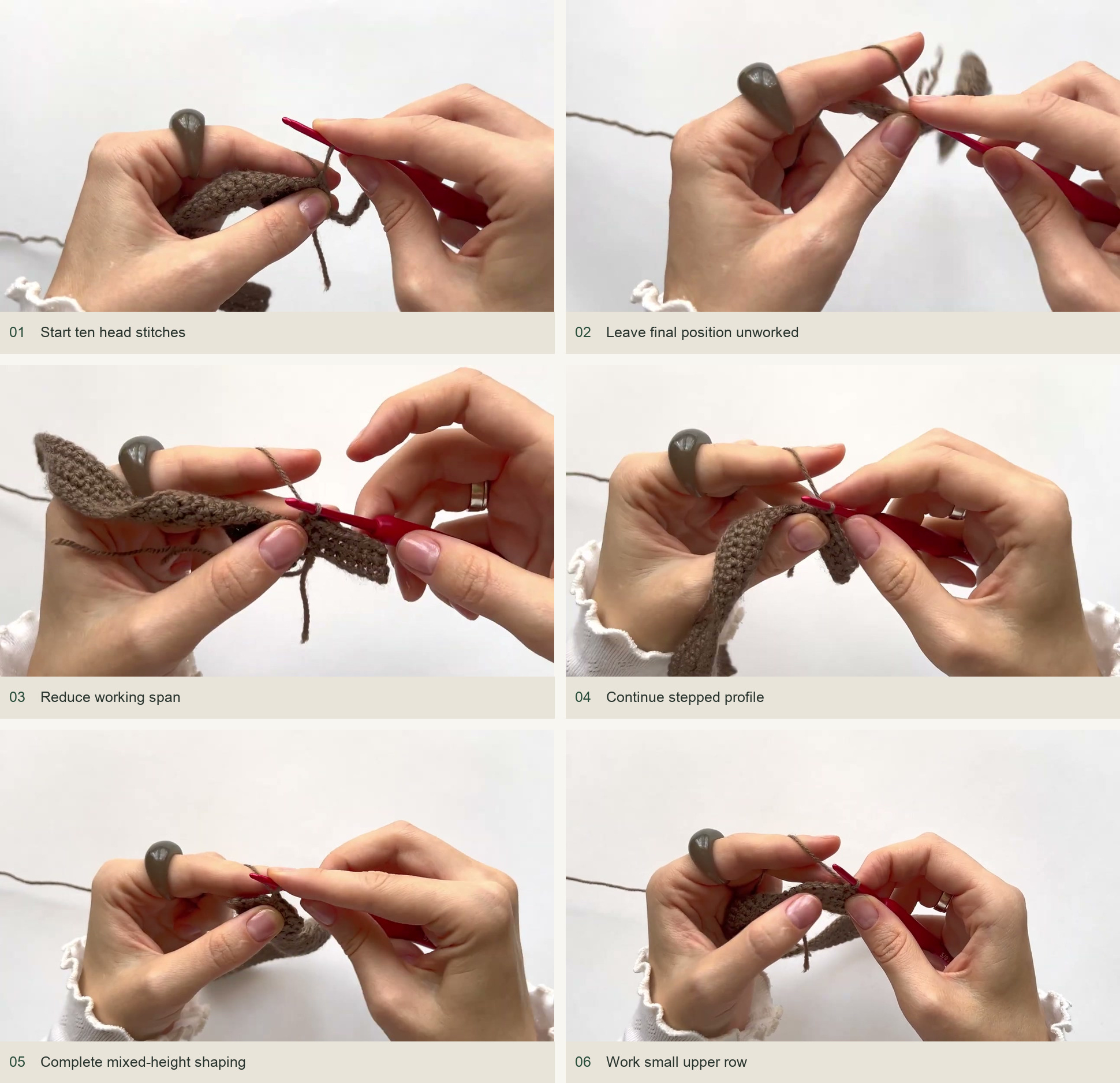 Shape the profile with short rows: Start ten head stitches; Leave final position unworked; Reduce working span; Continue stepped profile; Complete mixed-height shaping; Work small upper row