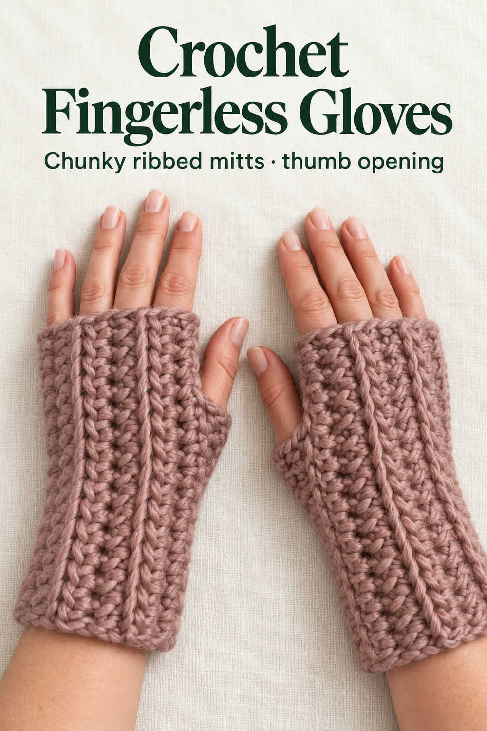 Crochet fingerless gloves pin showing a pair of dusty-rose ribbed fingerless gloves with a thumb opening