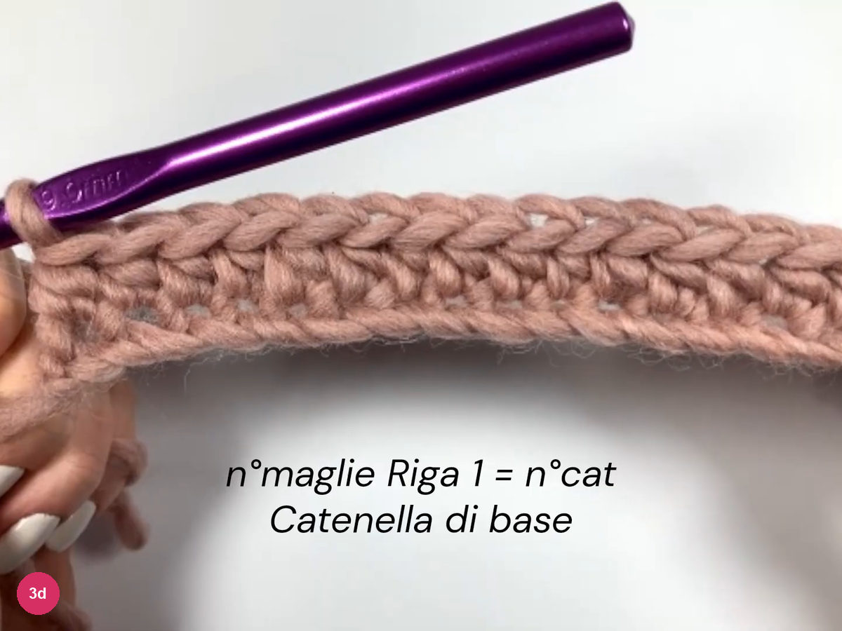 Close view of the finished first row of half double crochet along the chain, with the hook above and a caption about stitches equalling chains
