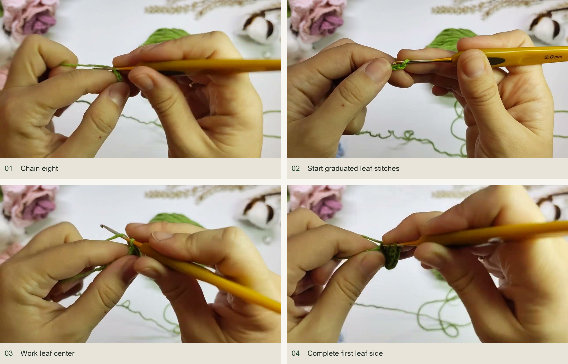 Shape the first side of the leaf: Chain eight; Start graduated leaf stitches; Work leaf center; Complete first leaf side