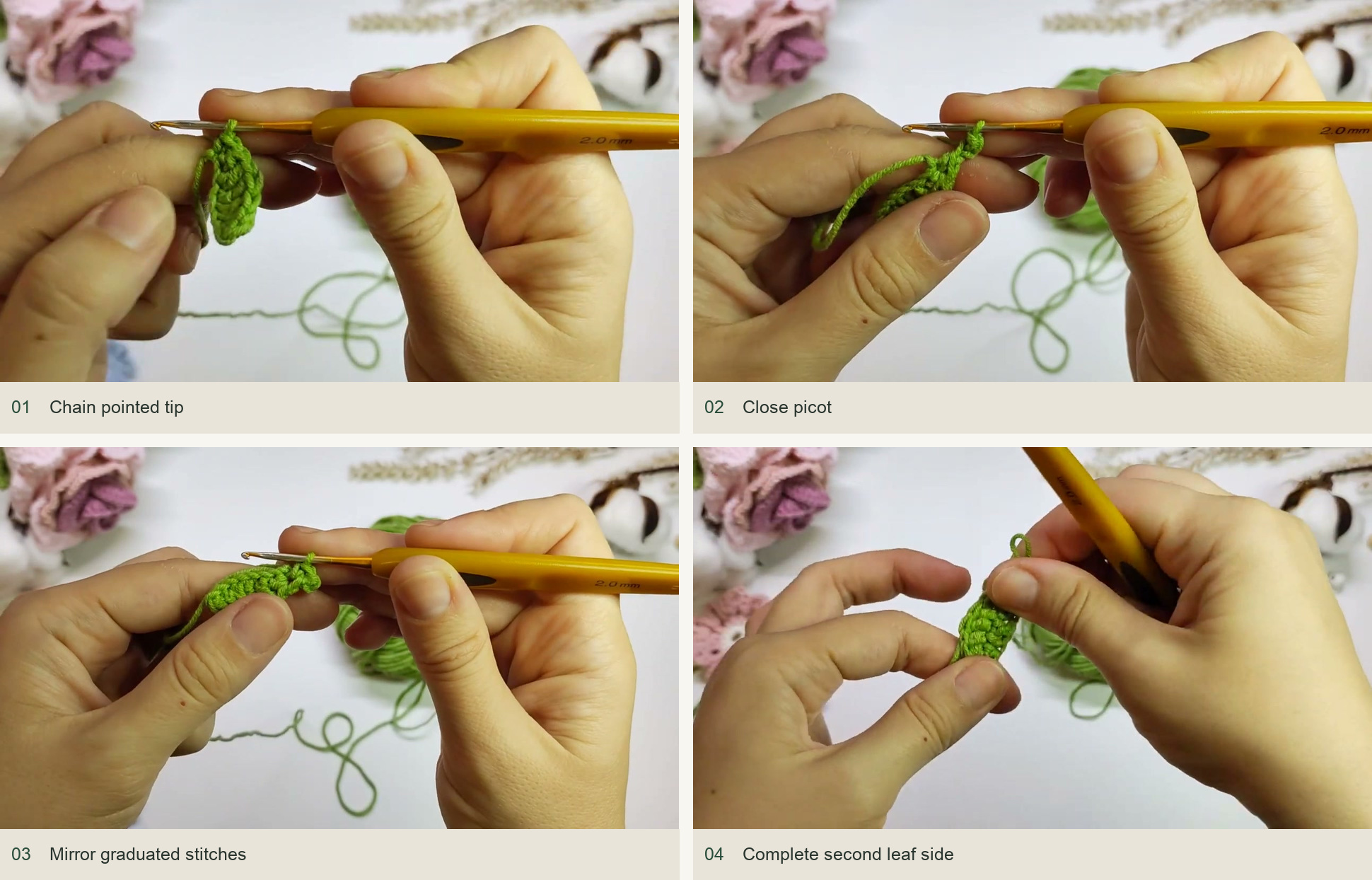 Make the pointed tip and mirror the leaf: Chain pointed tip; Close picot; Mirror graduated stitches; Complete second leaf side