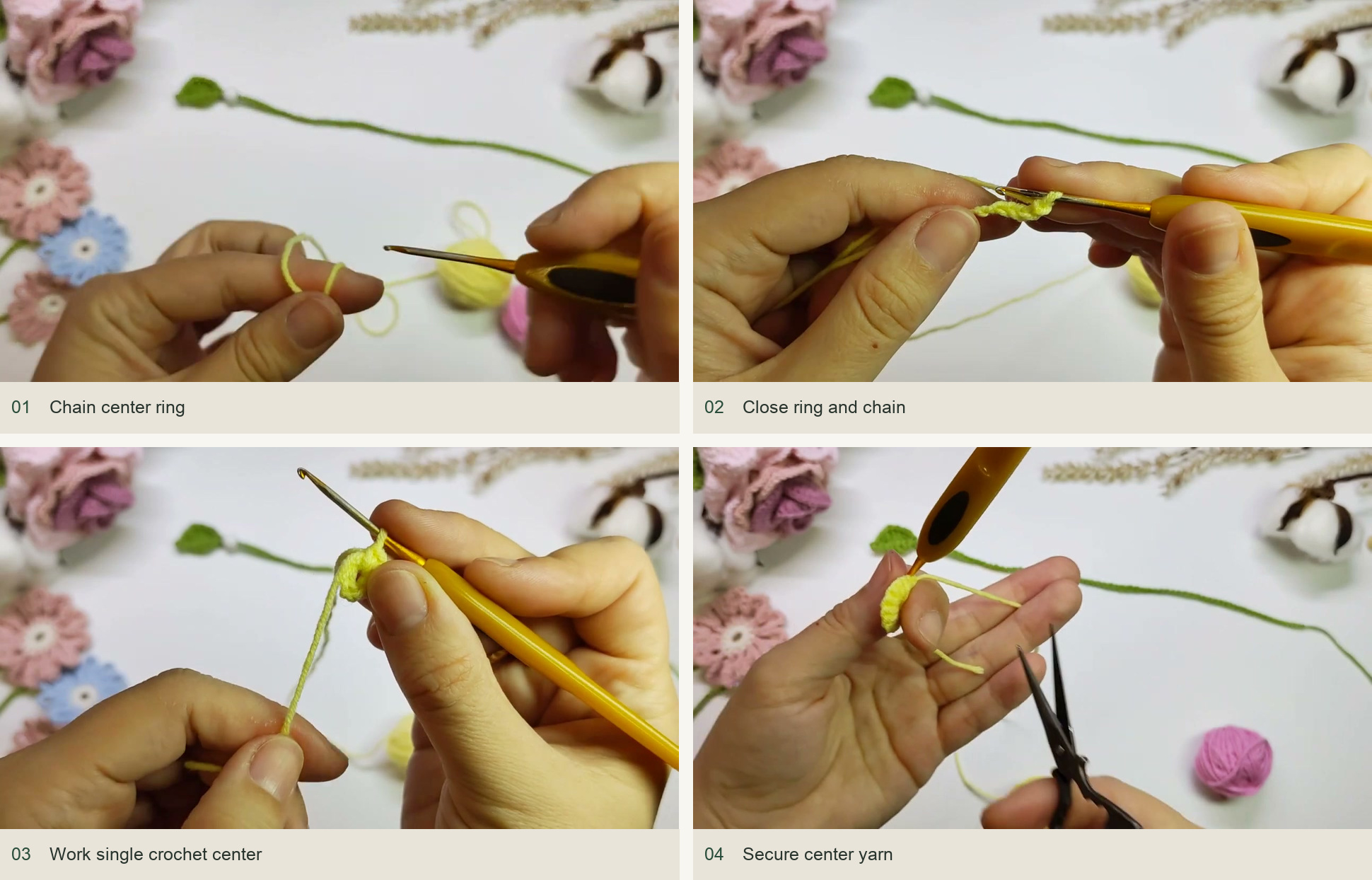 Crochet the flower center: Chain center ring; Close ring and chain; Work single crochet center; Count twelve center stitches