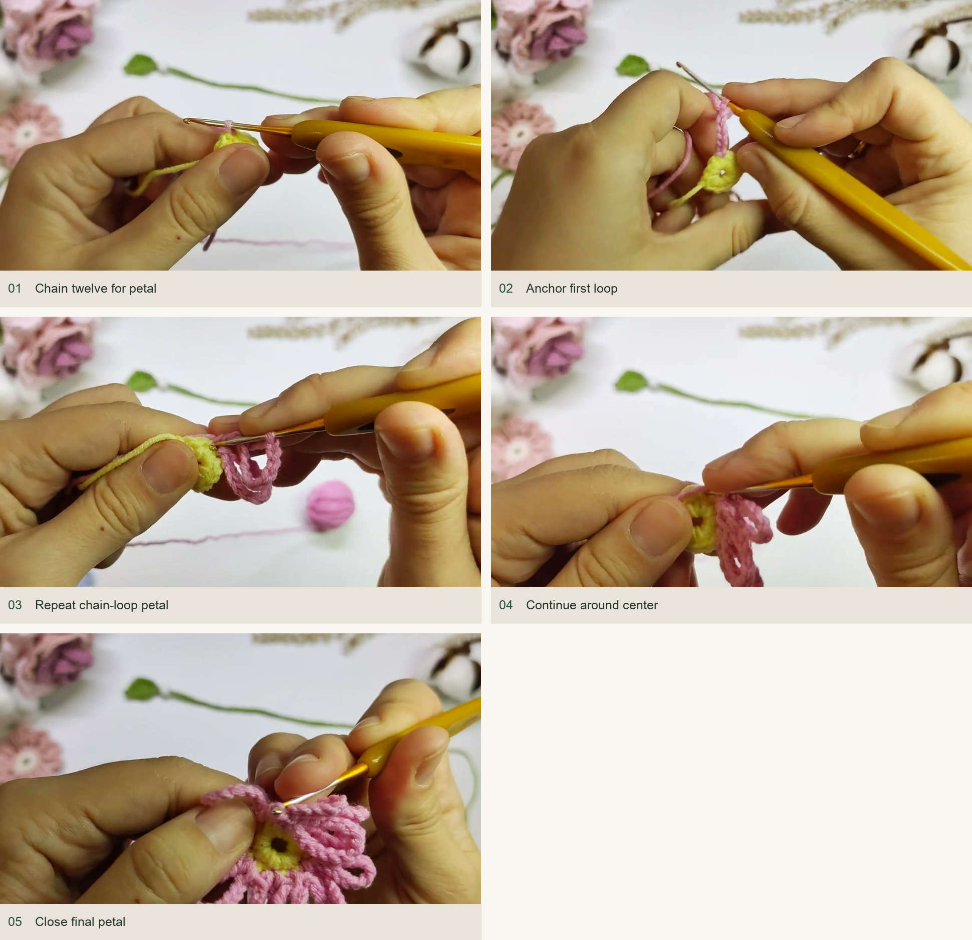 Add twelve chain-loop petals: Chain twelve for petal; Anchor first loop; Repeat chain-loop petal; Continue around center; Close final petal