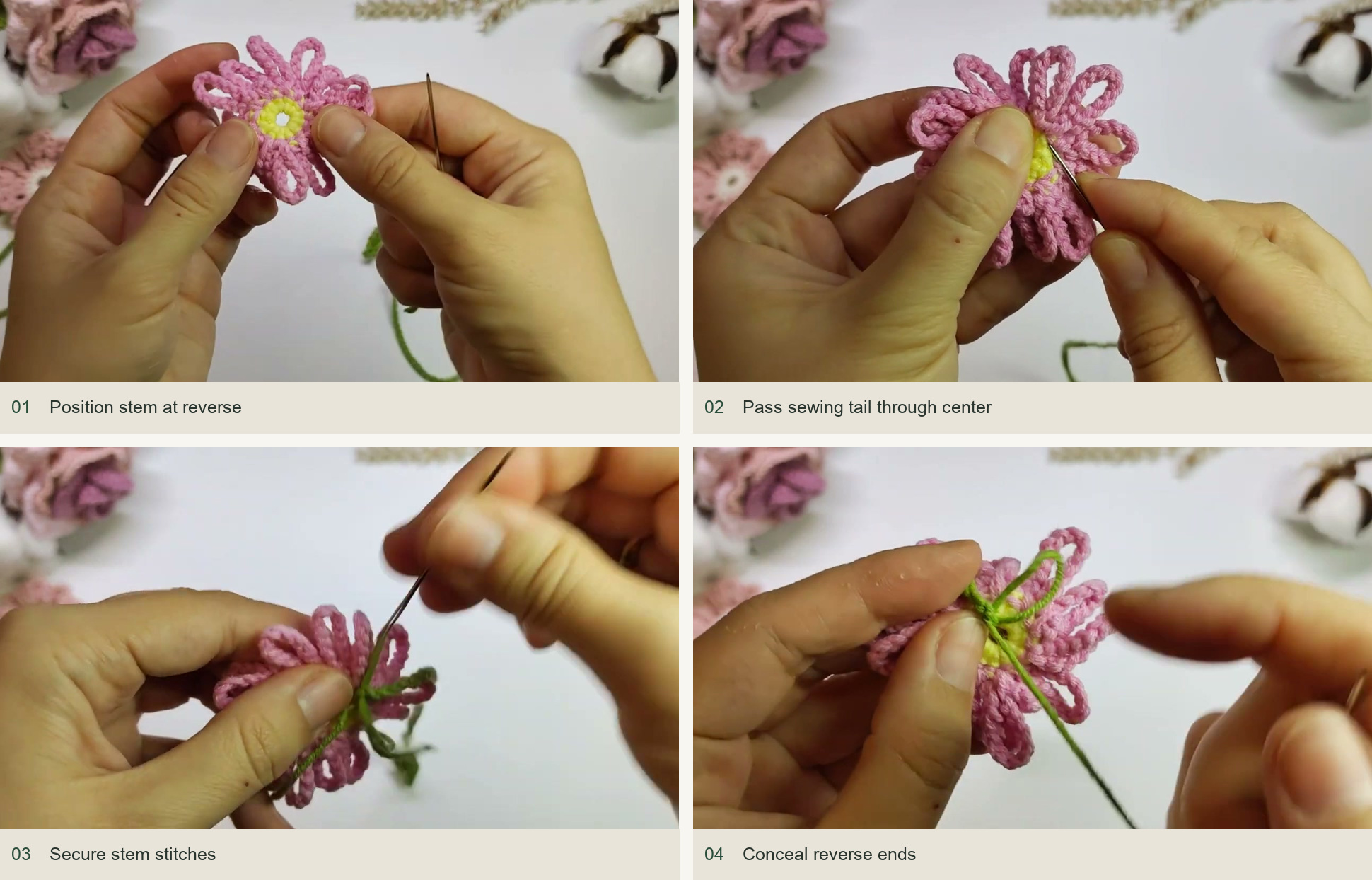 Sew the stem to the flower: Position stem at reverse; Pass sewing tail through center; Secure stem stitches; Conceal reverse ends