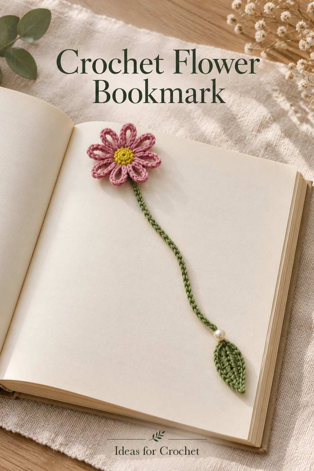 Crochet Flower Bookmark with a Leaf and Bead