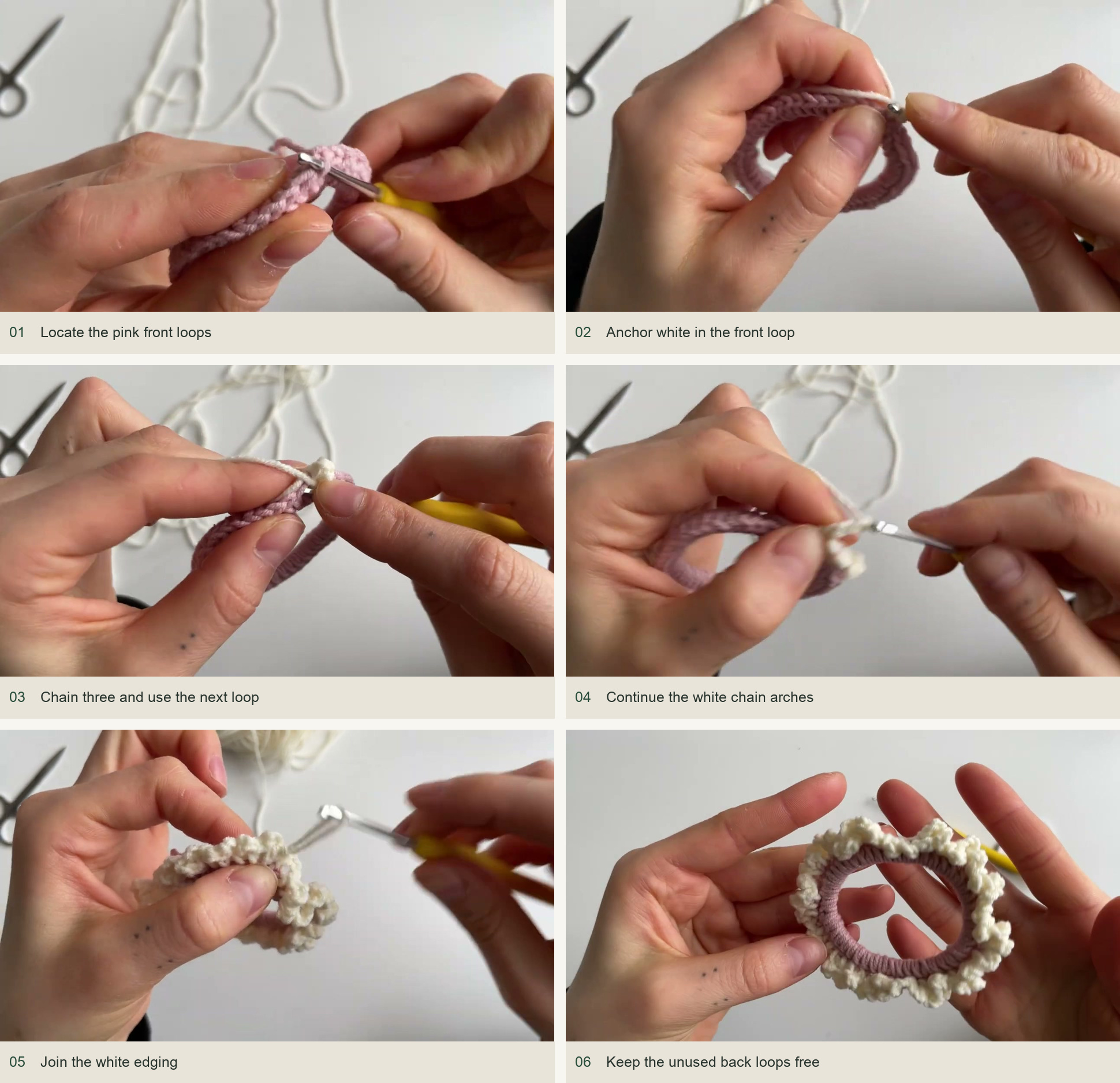 Add the small white frill: Locate the pink front loops; Anchor white in the front loop; Chain three and use the next loop; Continue the white chain arches; Join the white edging; Keep the unused back loops free
