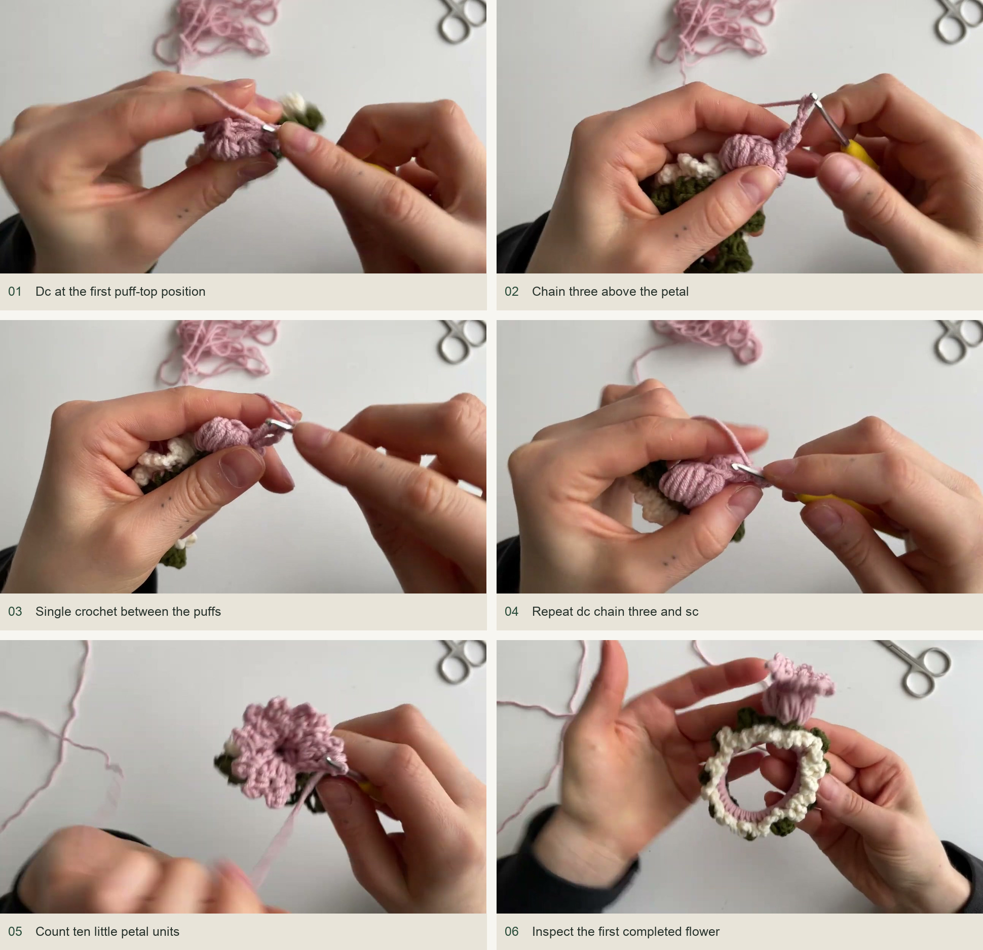 Give each flower ten little petals: Dc at the first puff-top position; Chain three above the petal; Single crochet between the puffs; Repeat dc chain three and sc; Count ten little petal units; Inspect the first completed flower