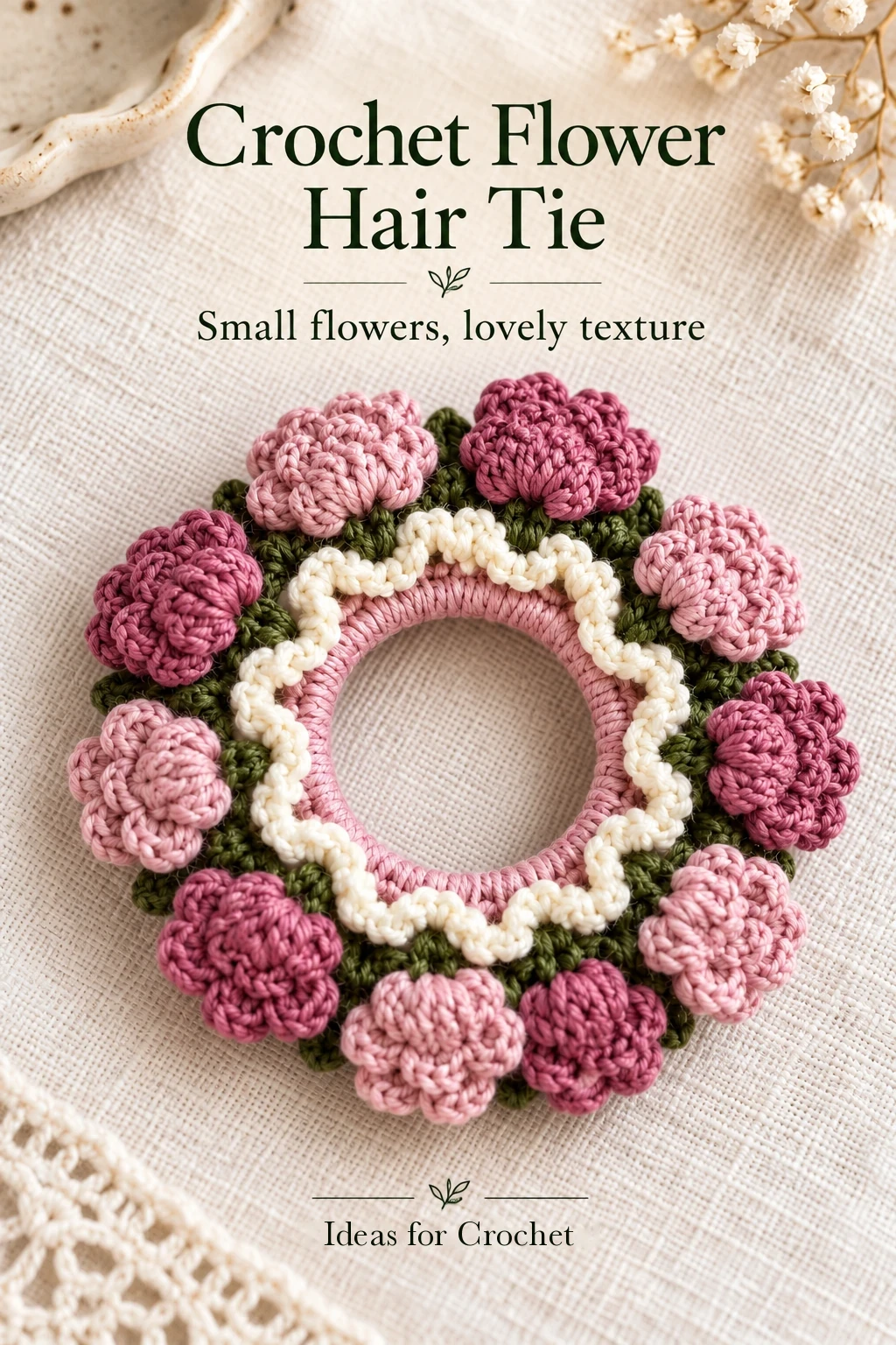 Crochet flower hair tie with pink and mauve blossoms, a white inner frill, and a project headline