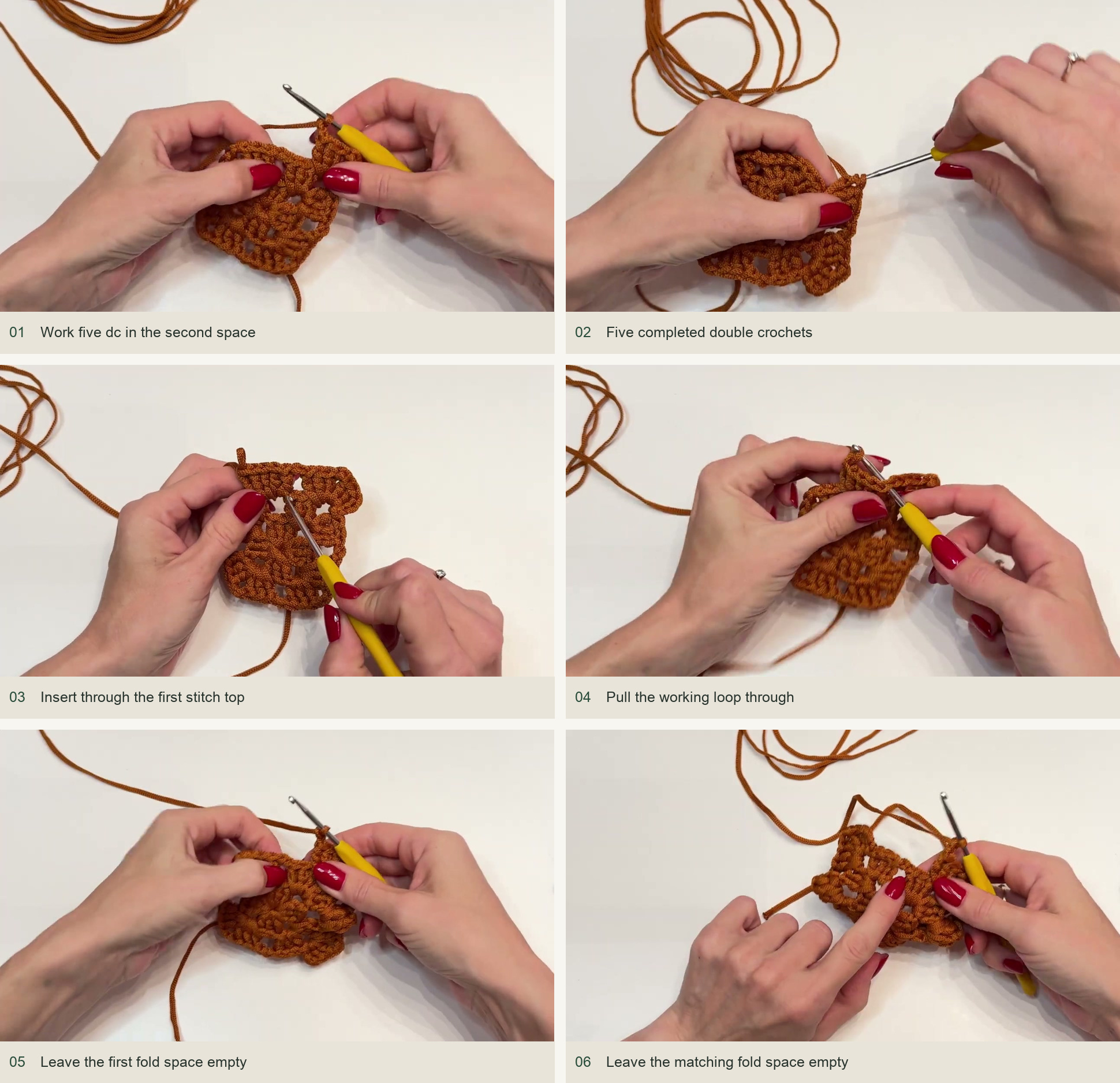 Round 3: introduce the first popcorns: Work five dc in the second space; Five completed double crochets; Insert through the first stitch top; Pull the working loop through; Leave the first fold space empty; Leave the matching fold space empty