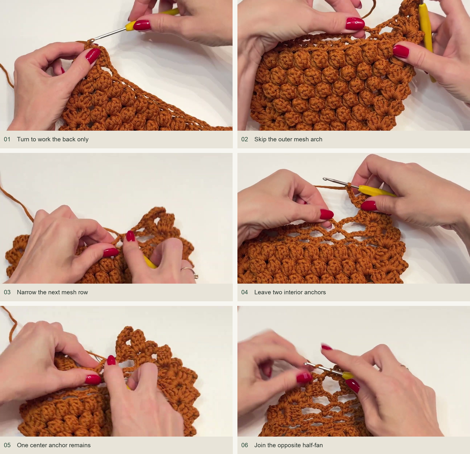 Taper the mesh back in turned rows: Turn to work the back only; Skip the outer mesh arch; Narrow the next mesh row; Leave two interior anchors; One center anchor remains; Join the opposite half-fan
