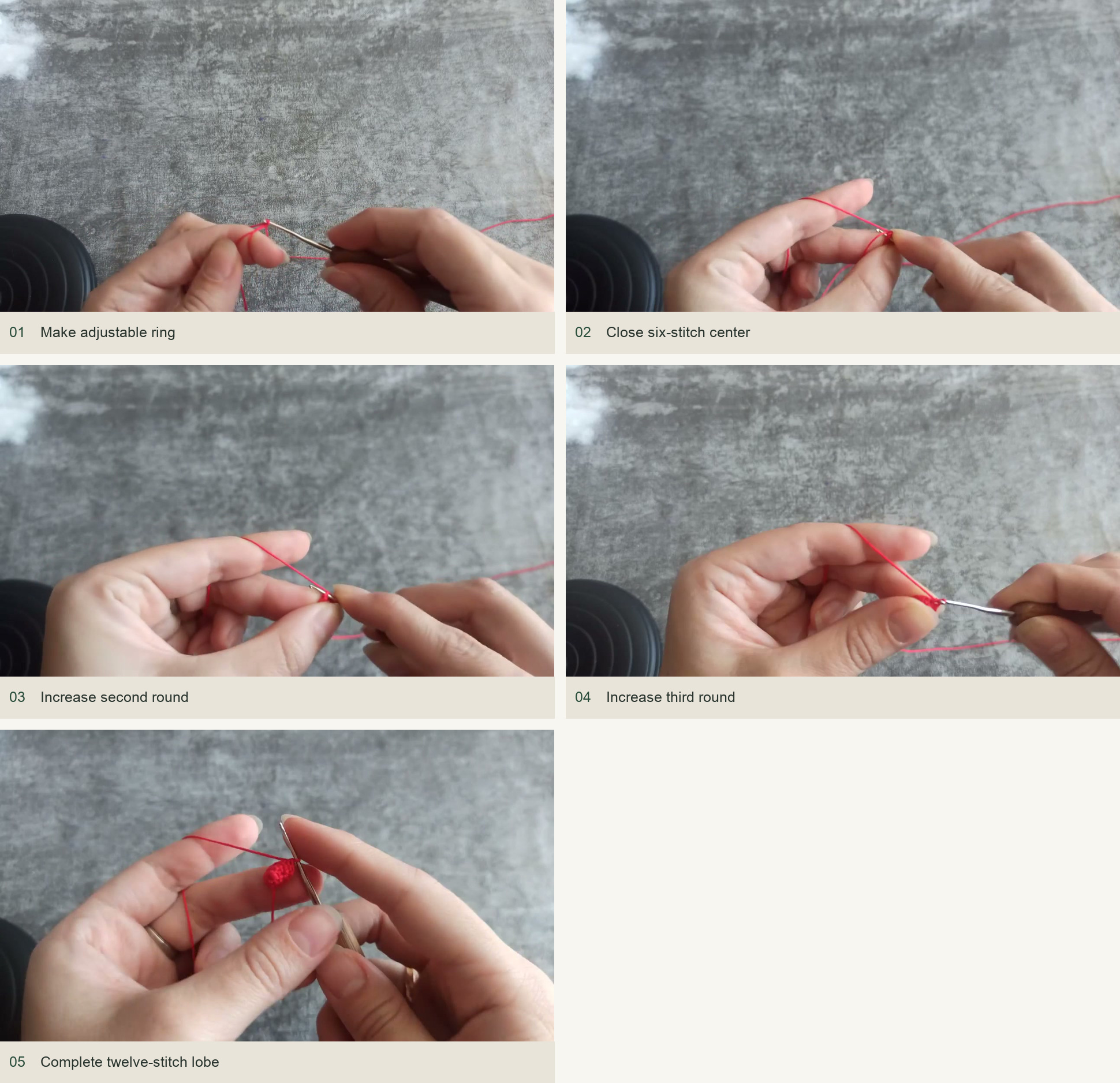 Make the first lobe: Make adjustable ring; Close six-stitch center; Increase second round; Increase third round; Complete twelve-stitch lobe