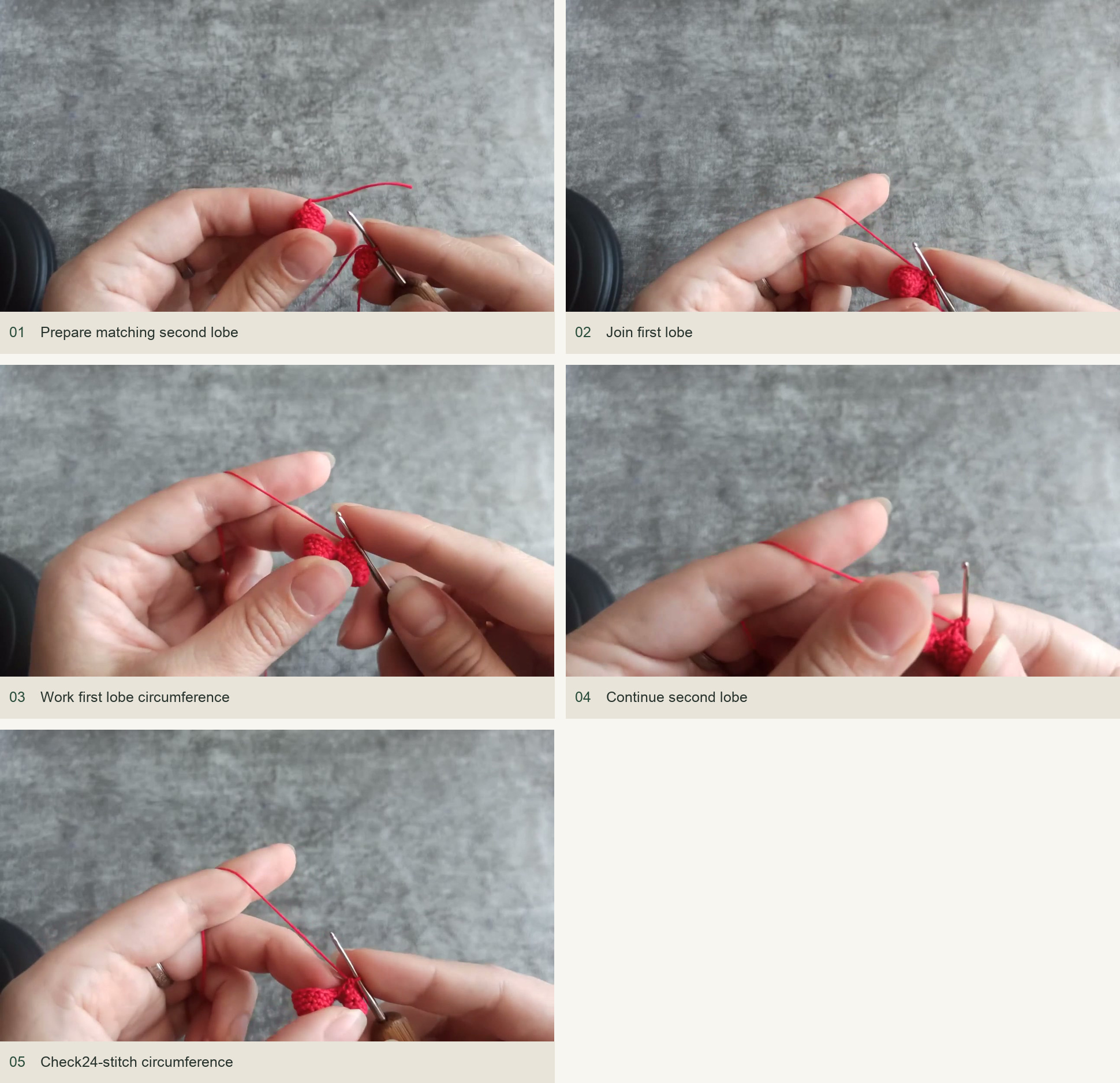 Make the second lobe and join: Prepare matching second lobe; Join first lobe; Work first lobe circumference; Continue second lobe; Check24-stitch circumference
