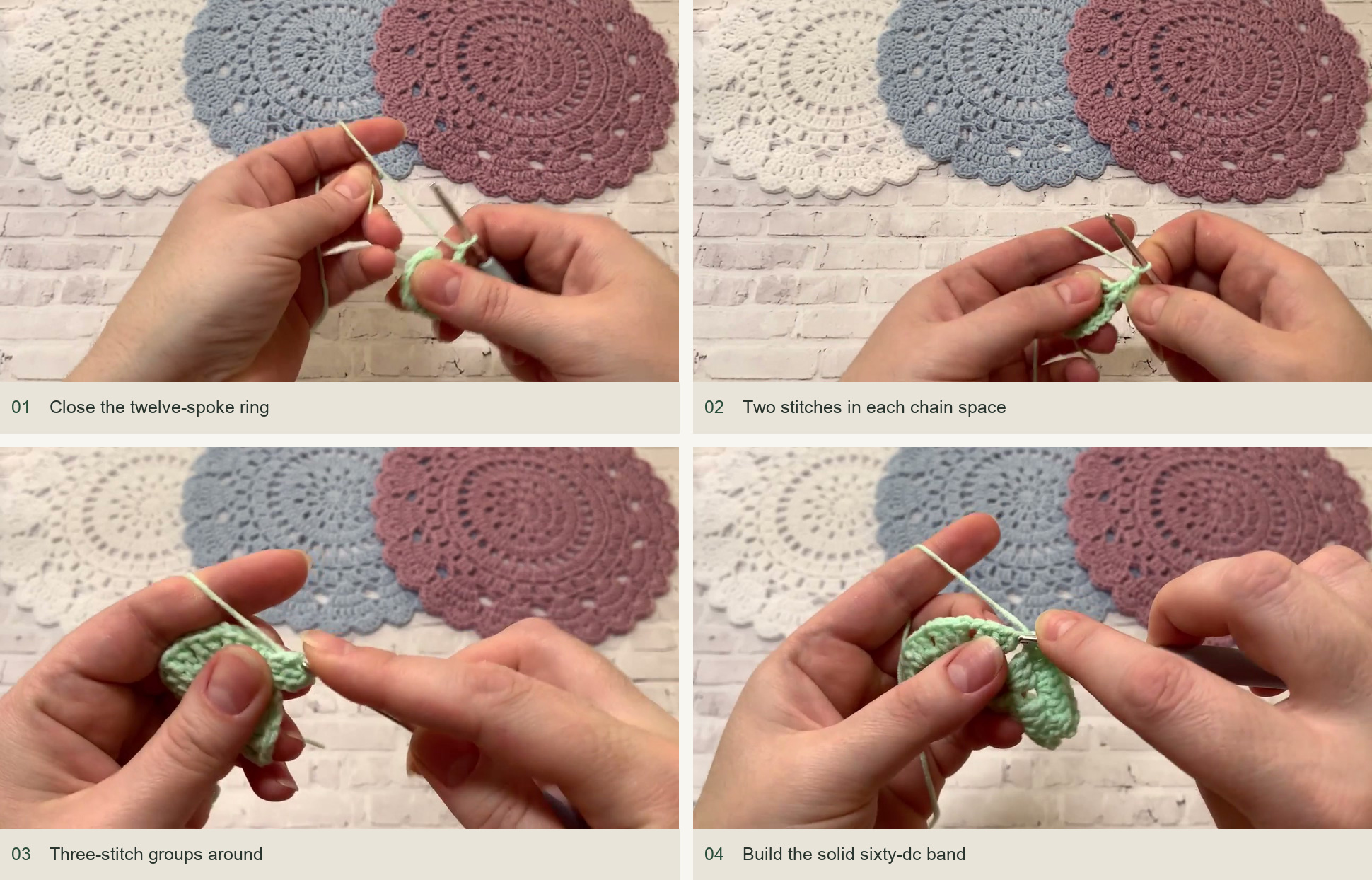 Rounds 1–4: build the circular foundation: Close the twelve-spoke ring; Two stitches in each chain space; Three-stitch groups around; Build the solid sixty-dc band