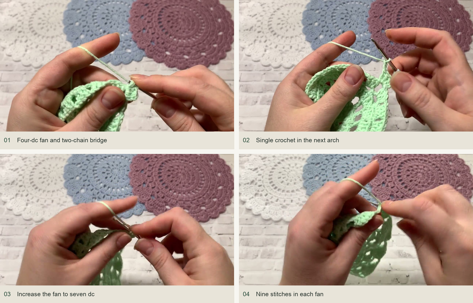 Rounds 9–11: form fifteen growing fans: Four-dc fan and two-chain bridge; Single crochet in the next arch; Increase the fan to seven dc; Nine stitches in each fan
