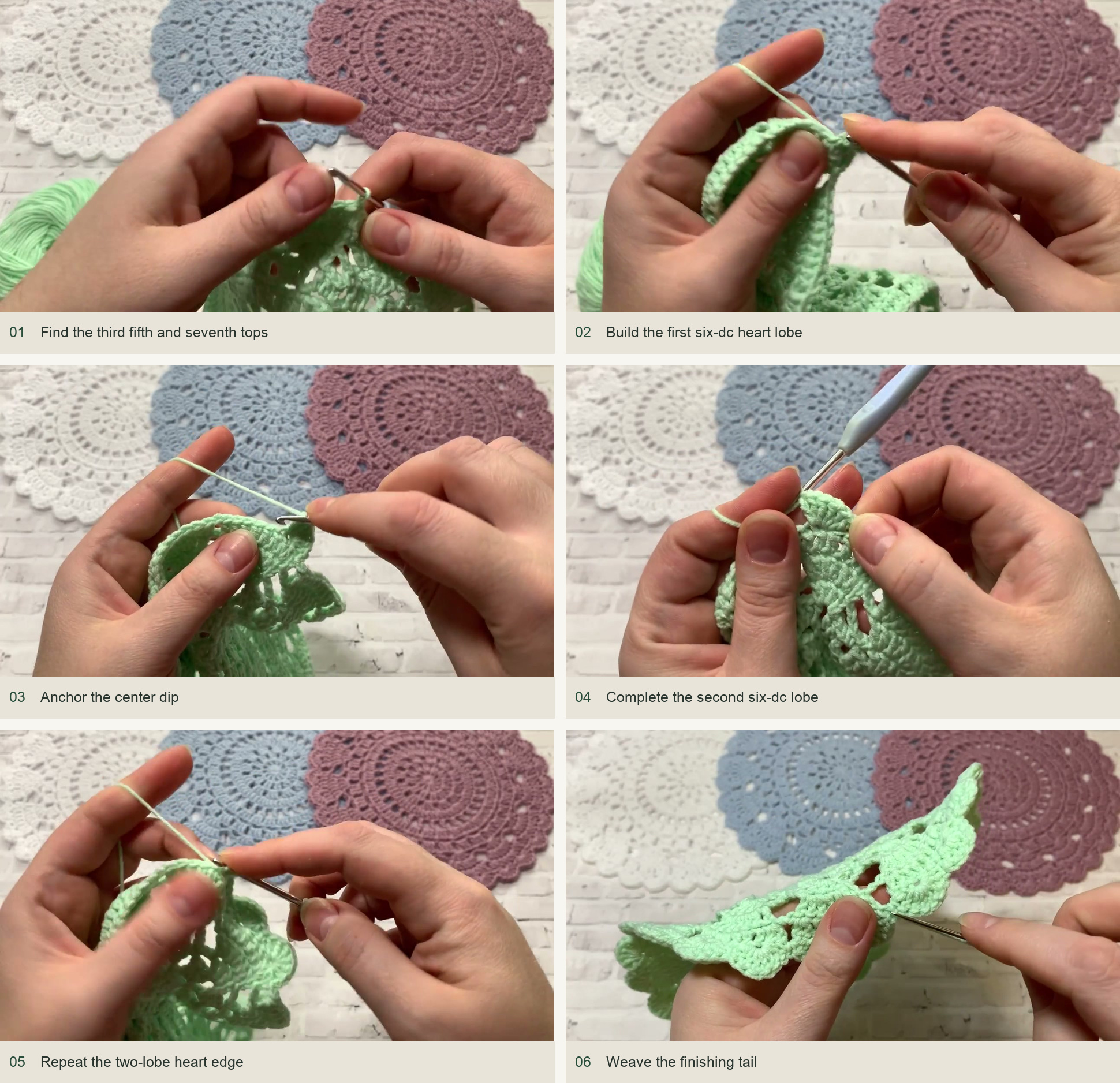 Round 12: turn each fan into a heart: Find the third fifth and seventh tops; Build the first six-dc heart lobe; Anchor the center dip; Complete the second six-dc lobe; Repeat the two-lobe heart edge; Weave the finishing tail