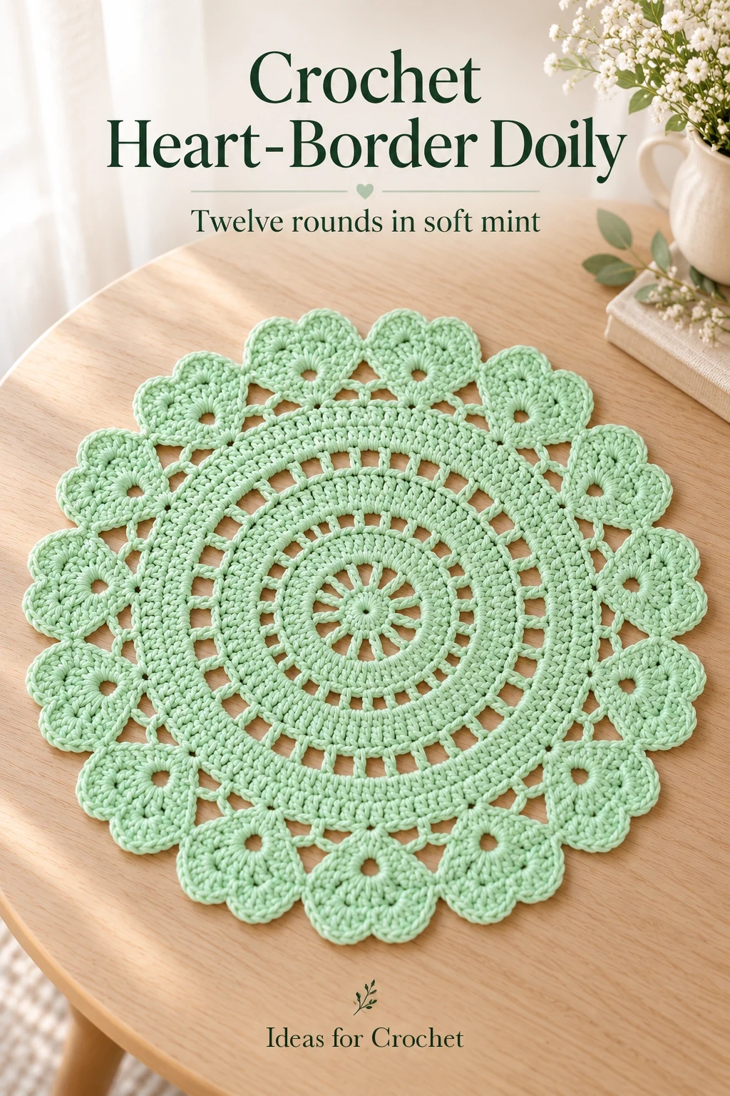 Mint crochet doily with a heart-shaped scalloped border and project title