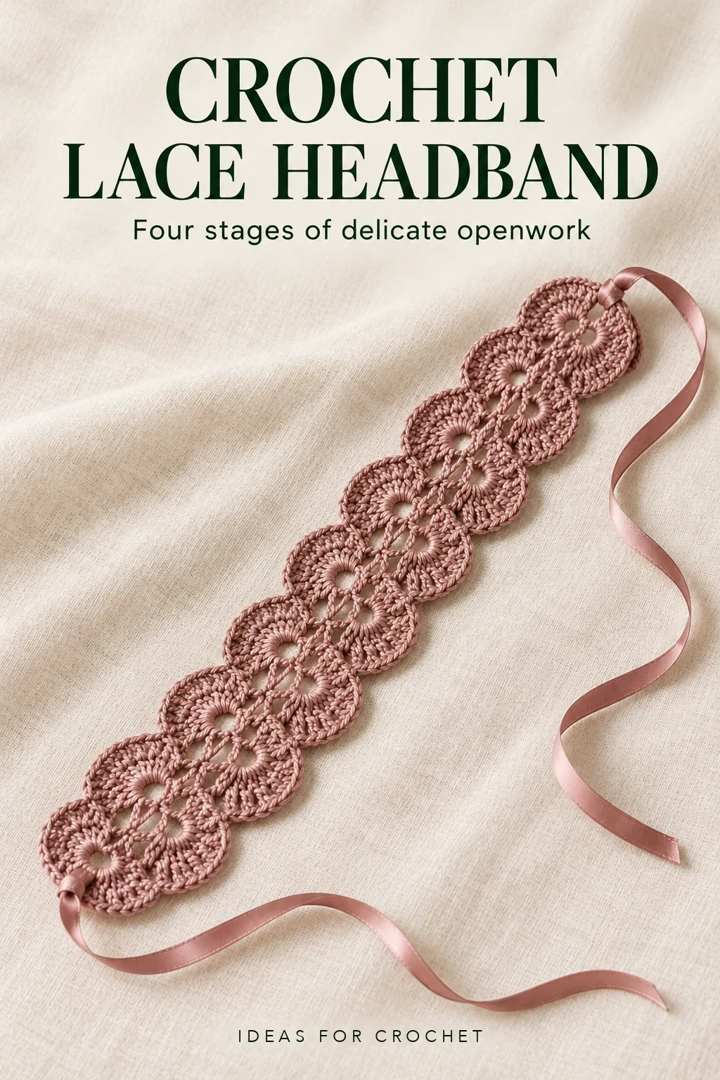 Dusty rose crochet lace headband with satin ties and a four-stage openwork tutorial headline