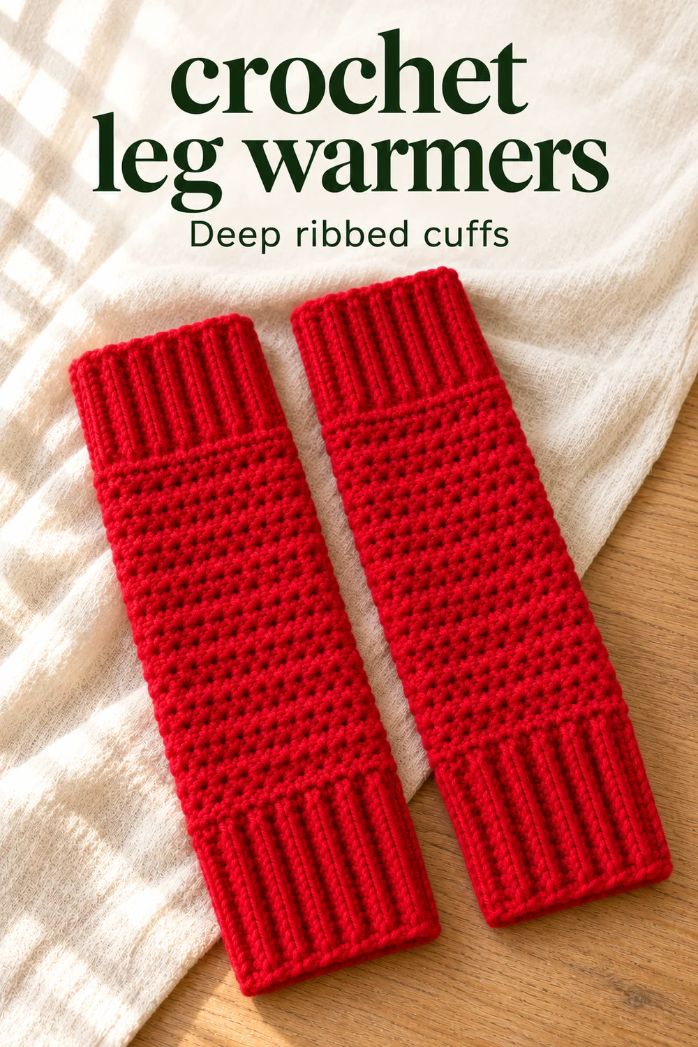 Red crochet leg warmers with deep ribbed cuffs and a half-double-crochet body