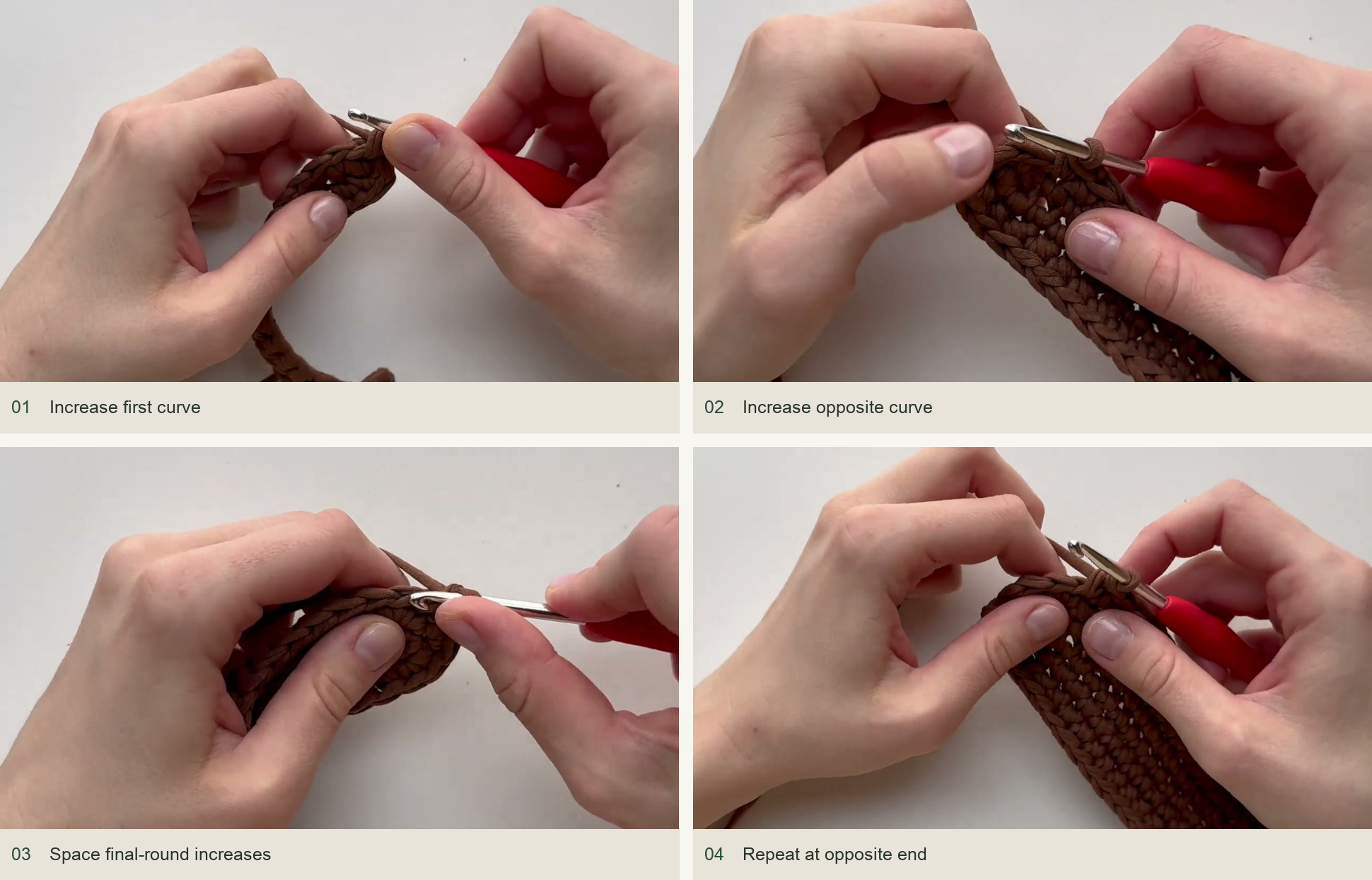 Expand the curved ends over two more rounds: Increase first curve; Increase opposite curve; Space final-round increases; Repeat at opposite end