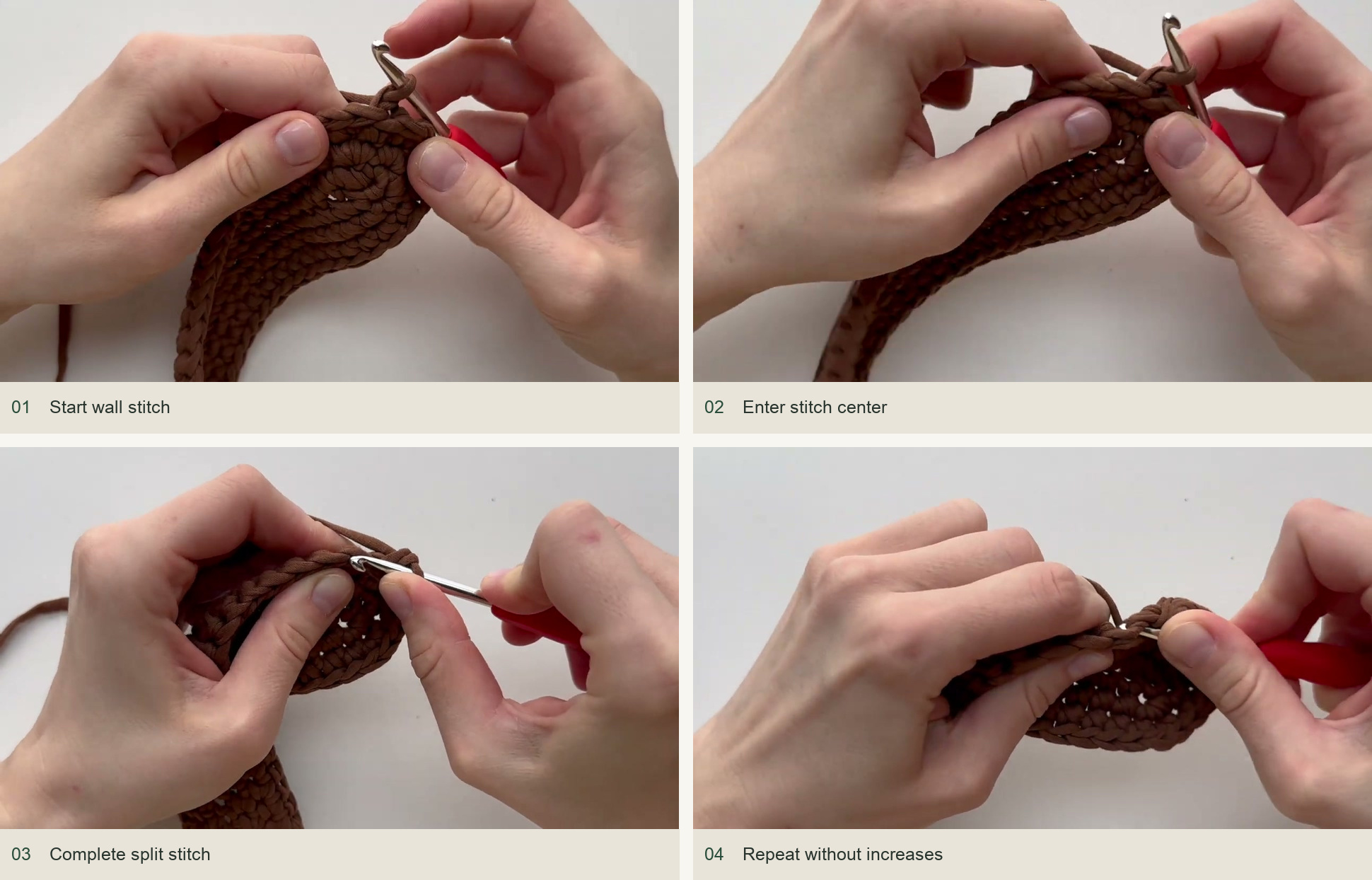 Change to the split-stitch walls: Start wall stitch; Enter stitch center; Complete split stitch; Repeat without increases